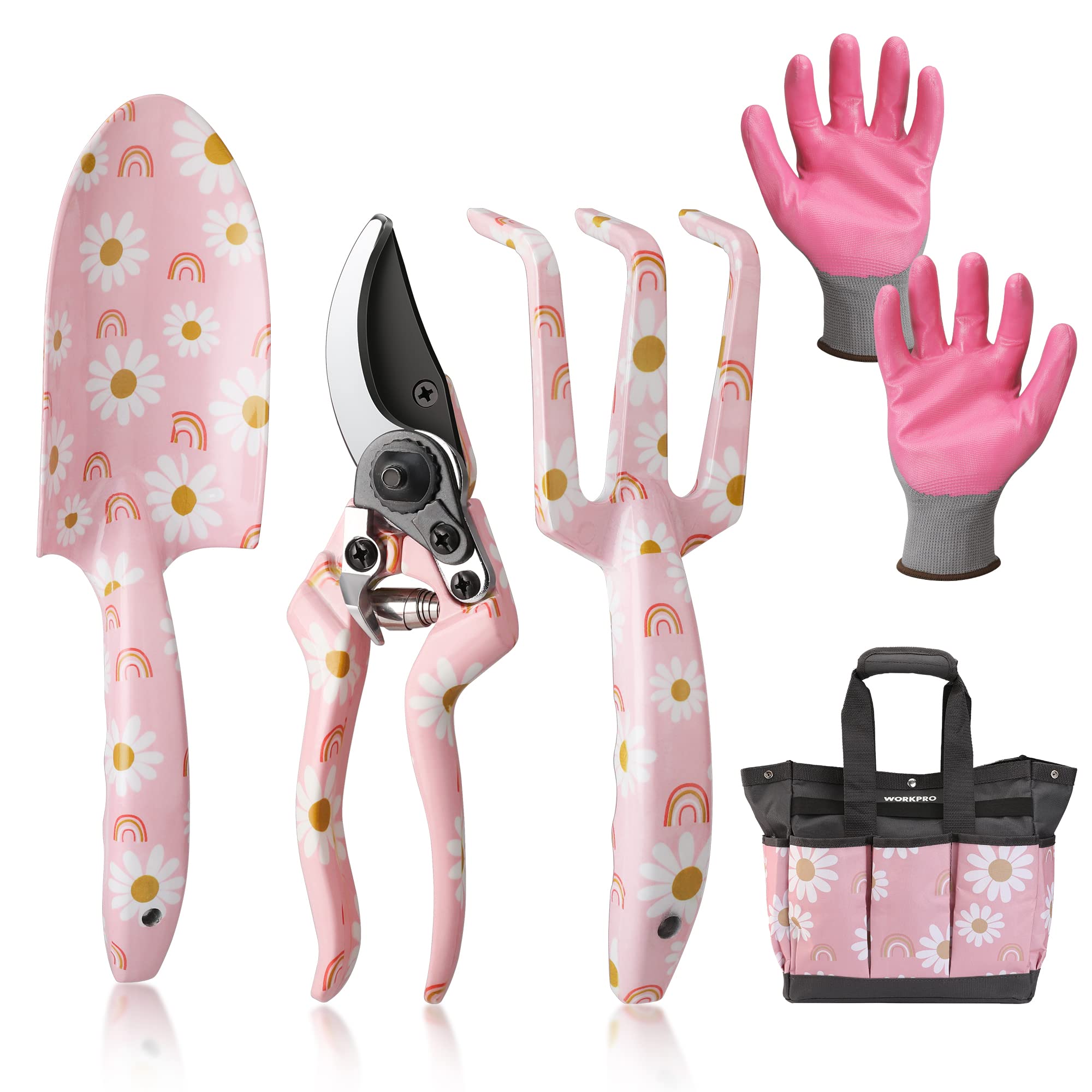WORKPRO 5-Piece Heavy Duty Aluminum Gardening Tool Set with Storage Bag - Ergonomic Garden Tools for Planting, Weeding & Landscaping - Perfect Gardening Gifts for Women (Pink) - Ideal for Home Gardens, Flower Beds & Outdoor Yard Work