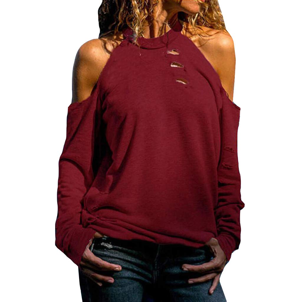 Women's Casual Loose Cold Shoulder Tops Halter Neck Hollowed Out Long Sleeve Shirts - Stylish Summer Blouse for Beach, Party & Date Night Outfits