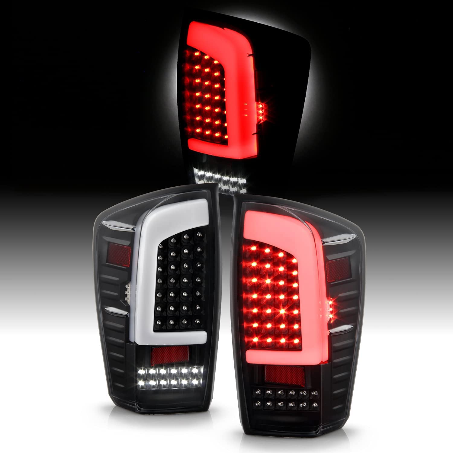 AKKON Black LED Tail Lights for 2016-2022 Toyota Tacoma Pickup - Pair with C-Tube Design, Parking, Brake & Reverse Lamps | Upgrade Your Truck's Style & Visibility for Night Driving and Off-Road Adventures