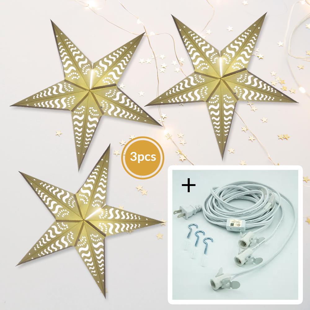 3 Pack White Tidal Waves Cut Out 24 Inch LED Illuminated Paper Star Lanterns - Includes LED Bulbs & Lamp Cord - Perfect for Christmas Decorations, Party Lighting, Bedroom & Outdoor Decor