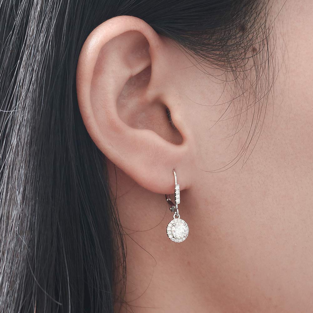 DovEggs 1ct 5mm G-H-I Color Moissanite Halo Leverback Drop Hoop Earrings for Women - 14K Gold Plated Sterling Silver Wedding & Party Jewelry Gift