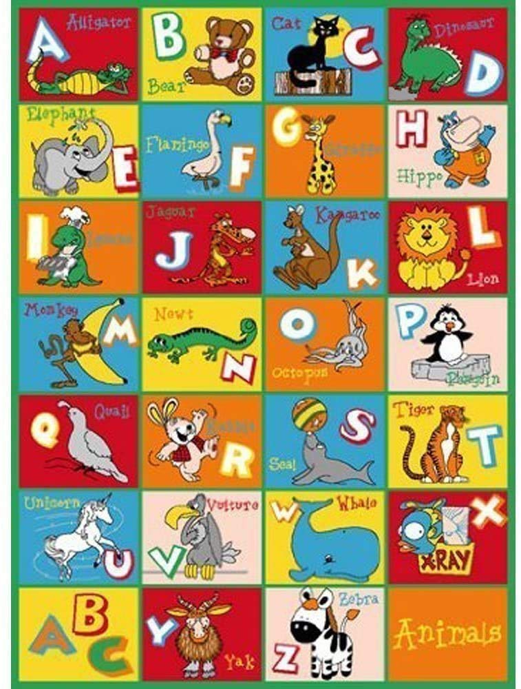 Non-Slip Alphabet Zoo Animals Kids Rug - 8x10 Feet Soft Playmat with Gel Backing for Nursery, Classroom & Playroom Floor Decor