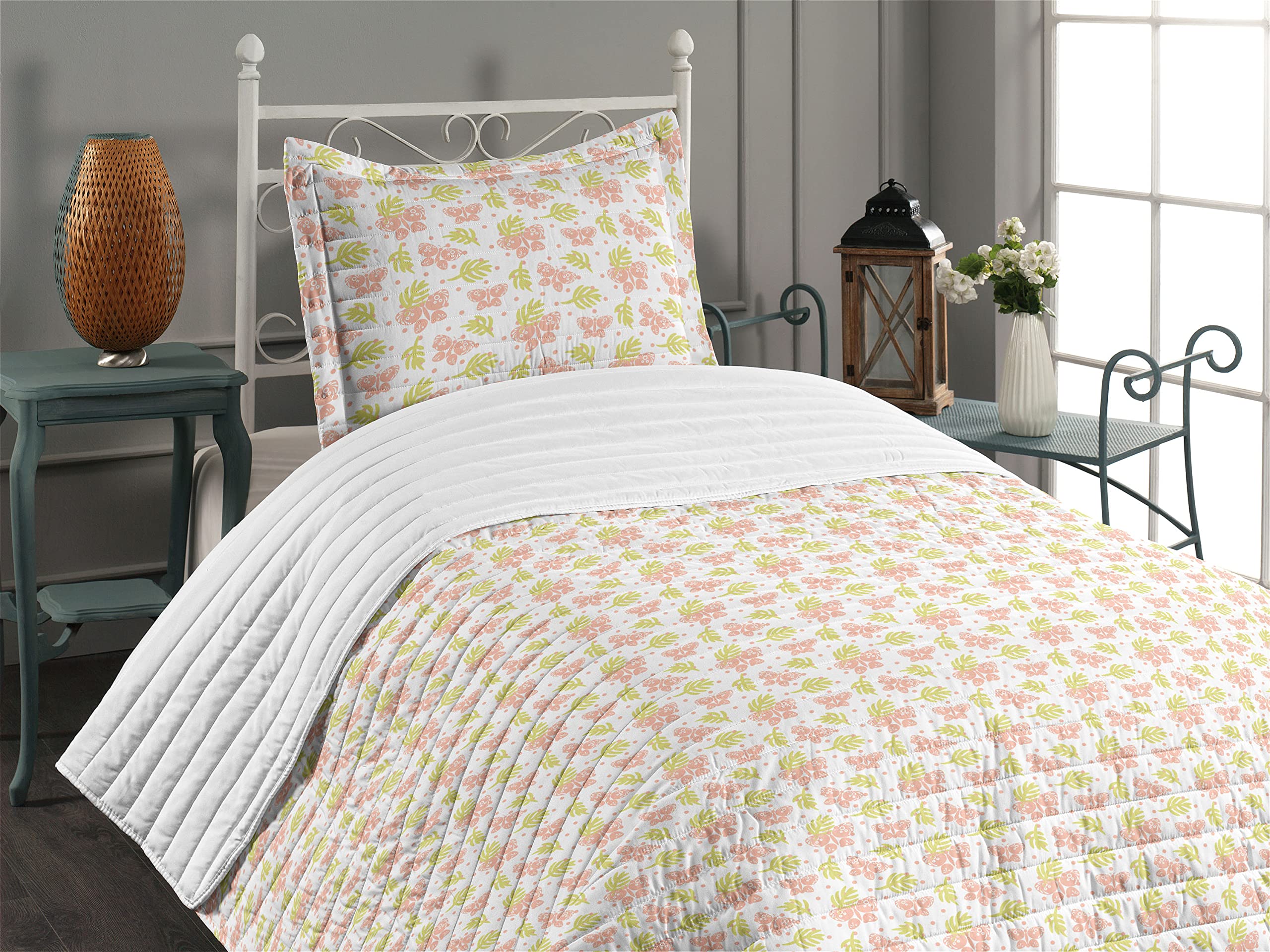 Ambesonne Blush Pink Microfiber Bedspread Set - Abstract Leafy Branches with Butterflies on Polka Dots Design, Soft Twin Size Bedding Set Includes Pillow Sham & Comforter in Blush Pale Green White | Perfect for Teen Girls' Room, Guest Bedroom or Bohemian Style Home Decor