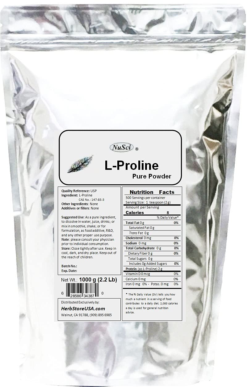 Pure L-Proline Powder 1000g (2.2 lb) - Premium Collagen Booster for Skin, Joint & Muscle Health - Supports Collagen Production & Wound Healing - Perfect for Smoothies, Protein Shakes & Supplement Stacks