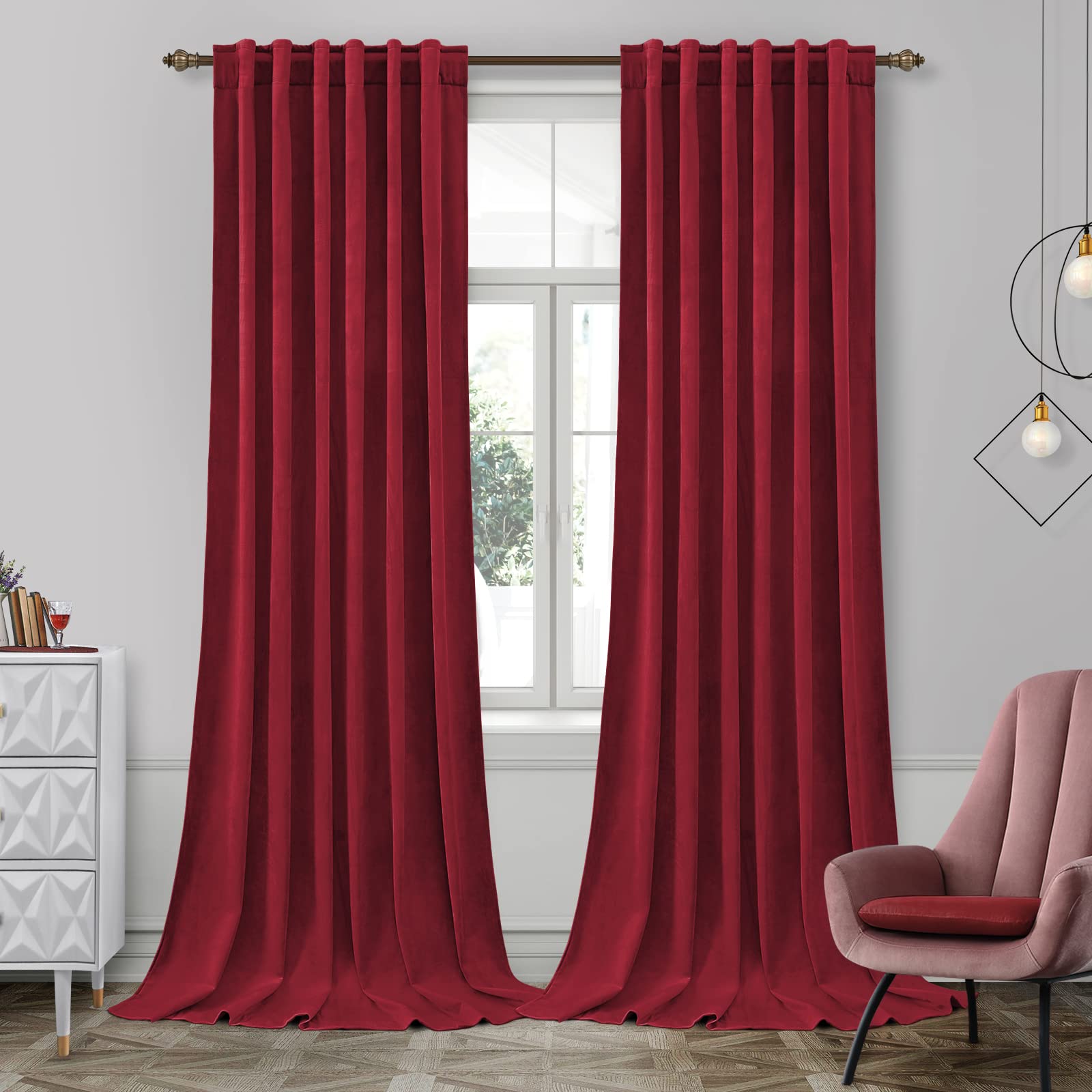 Red Velvet Curtains 52x108 Inches - 2 Panels Soft Thick Room Darkening Drapes with Thermal Insulation & Pocket Back Tab - Elegant Window Treatments for Living Room, Bedroom & Home Theater (Blackout, Noise Reducing)