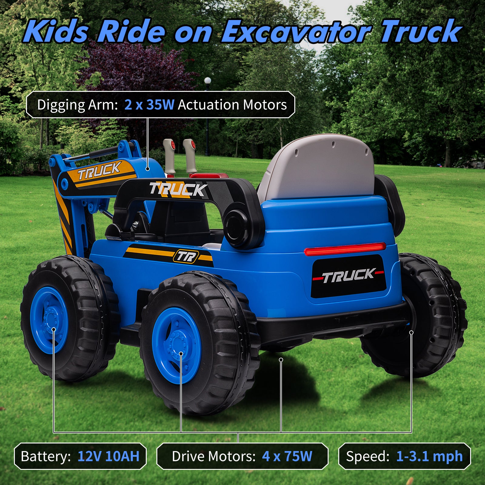 GARVEE 12V Kids Ride On Excavator Toy with Remote Control - Electric Digging Arm, 2x35W Motors & 10Ah Battery, 4x75W Driving Motors, LED Lights, Music & USB - Blue | Outdoor Play, Construction Pretend, Birthday Gift for Toddlers 3-6 Years