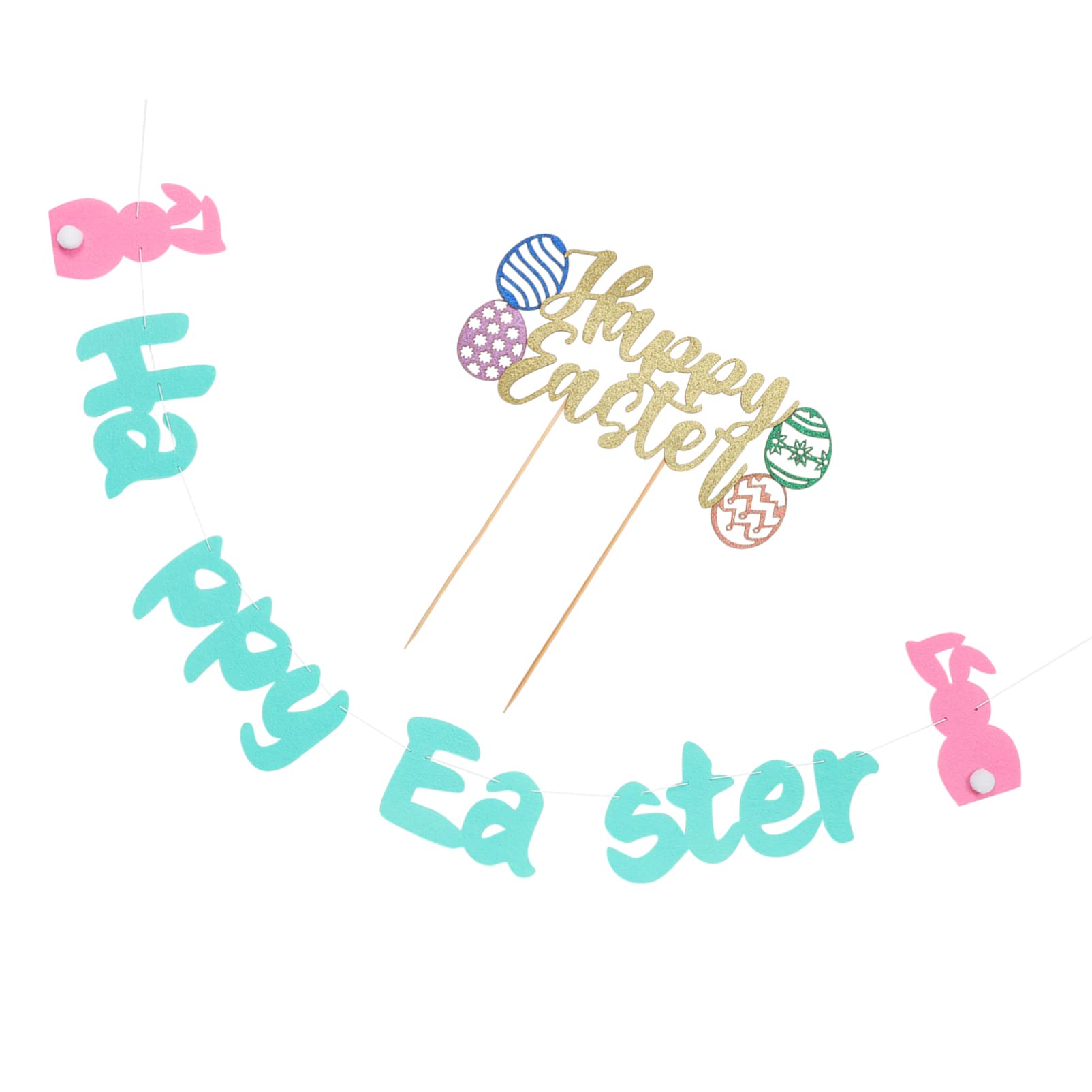 Amosfun Happy Easter Banner Set - Shiny Wall Hanging Decorations for Easter Party, Cake Topper & Home Decoration | Easter Bunting, Cake Plug-in Decor for Festive Celebrations & Spring Home Decor