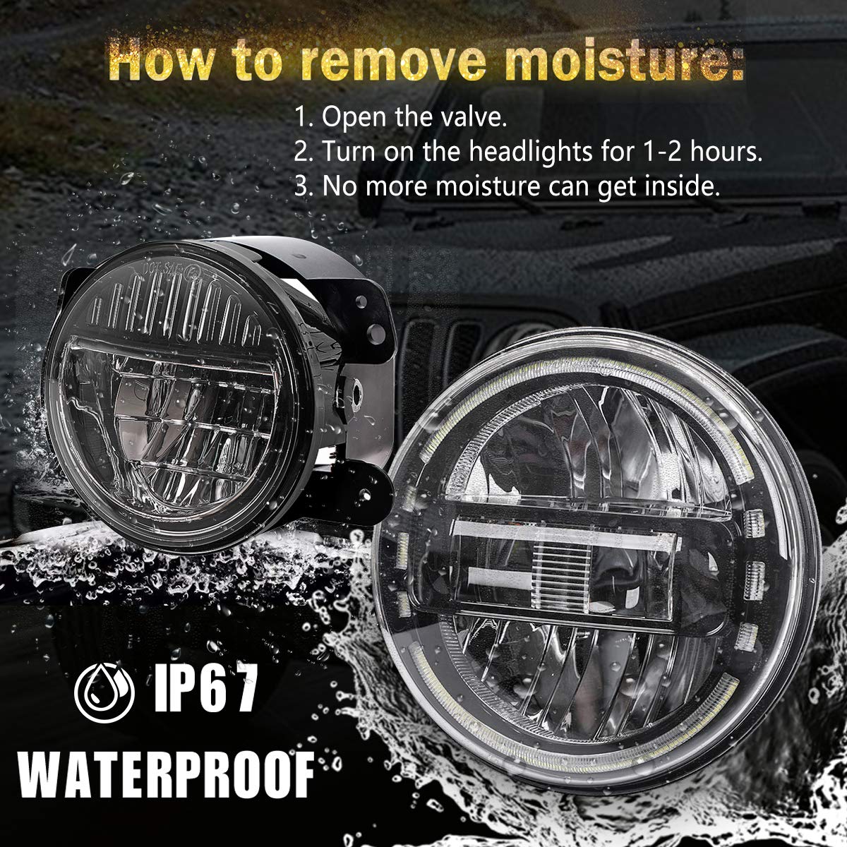 AUDEXEN 7 Inch Black LED Headlights with DRL High Low Beam + 4 Inch Black Smiley LED Fog Lights for Jeep Wrangler JK JKU TJ LJ (1997-2018) - Off-Road Adventure & Night Driving Upgrade
