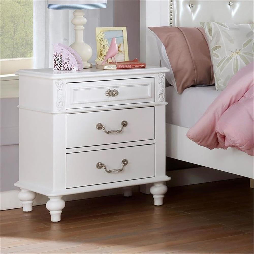 Furniture of America Mondu Traditional Wood Kids Nightstand with USB Port - White - Perfect for Bedrooms, Nurseries, and Kids' Rooms