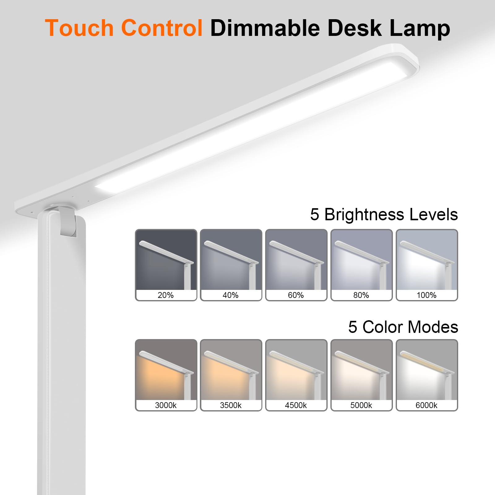 Karidi LED Desk Lamp - Dimmable Table Lamp with USB Charging Port, 5 Lighting Modes & Touch Control, Foldable Portable Reading Light for Home Office, Bedroom, Study - Perfect for Night Reading & Work (White)
