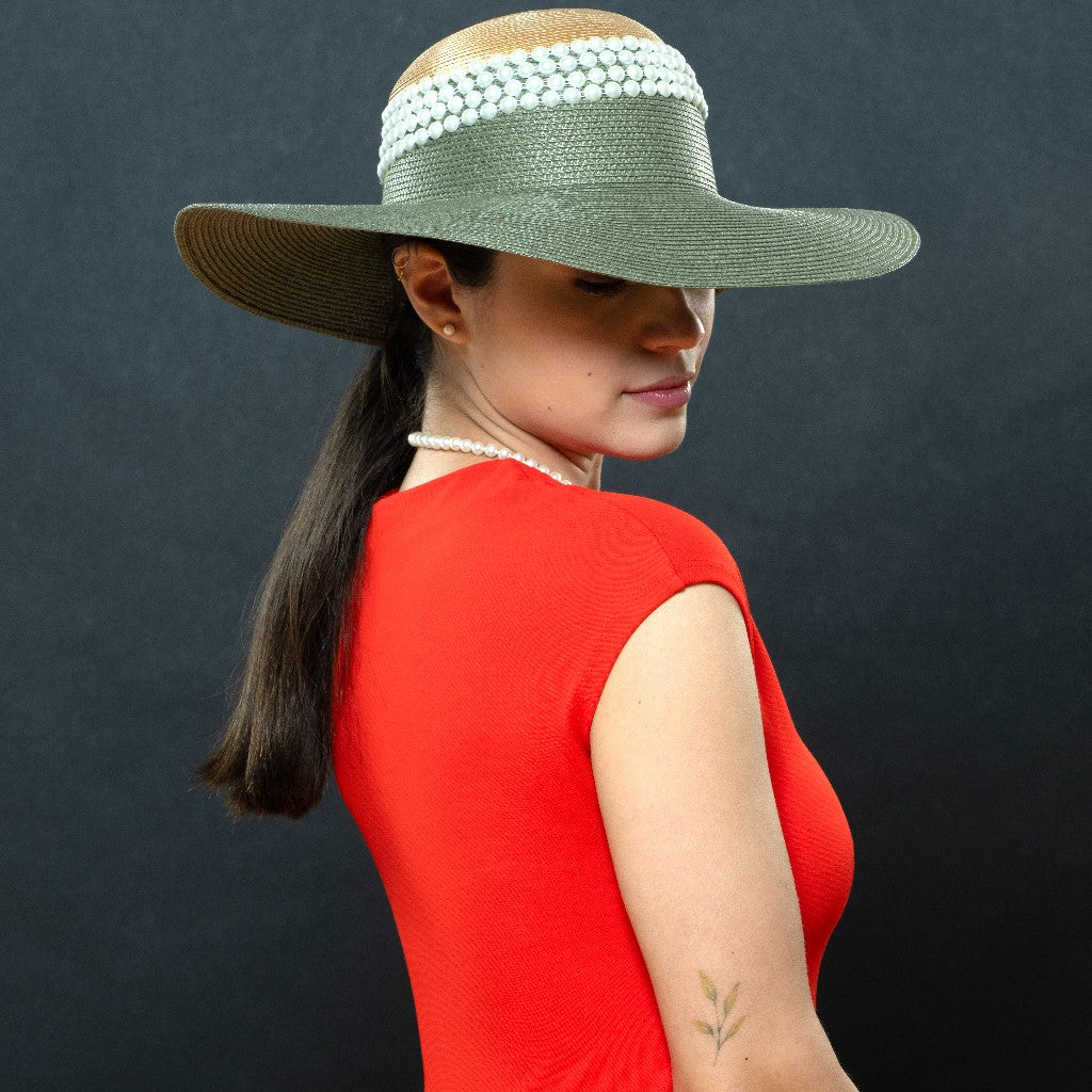 Elegant NAL4507 Olive Green Pearl Embellished Dress Hat for Women - Perfect for Weddings, Tea Parties & Vintage Fashion