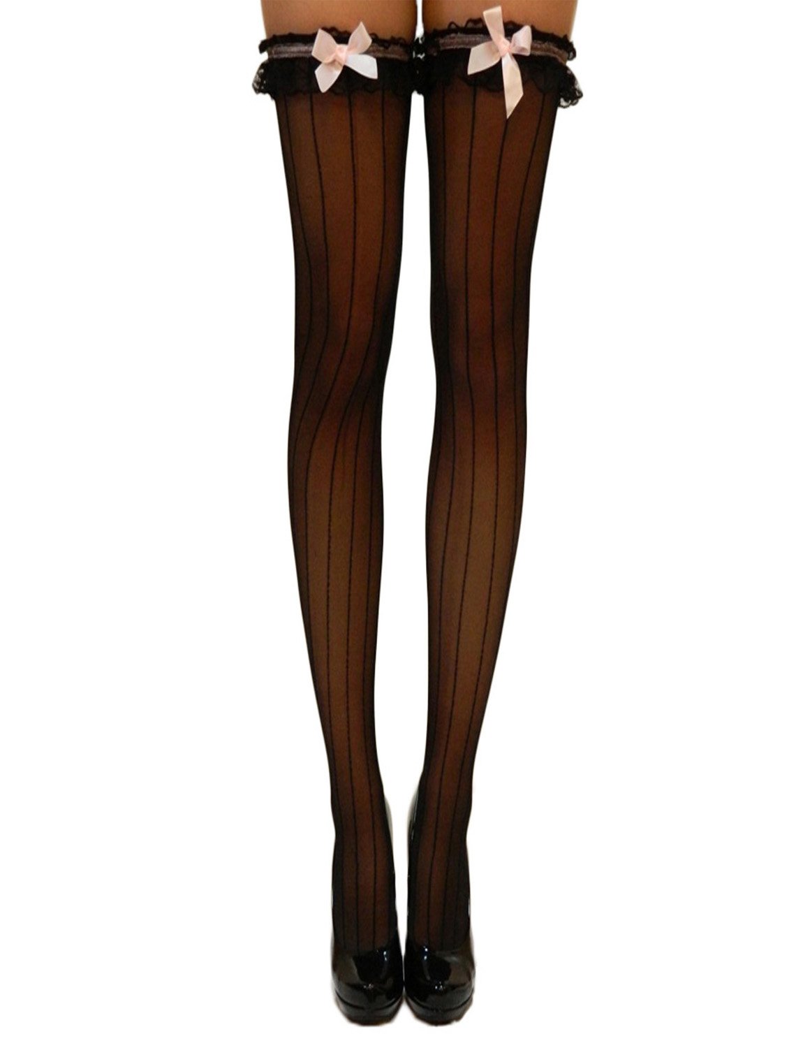 Sexy Black Stockings with Vertical Stripes & Pink Lace Bows - Elegant Hold Ups for Women | Perfect for Fancy Dress, Glamour Nights & Lingerie Outfits