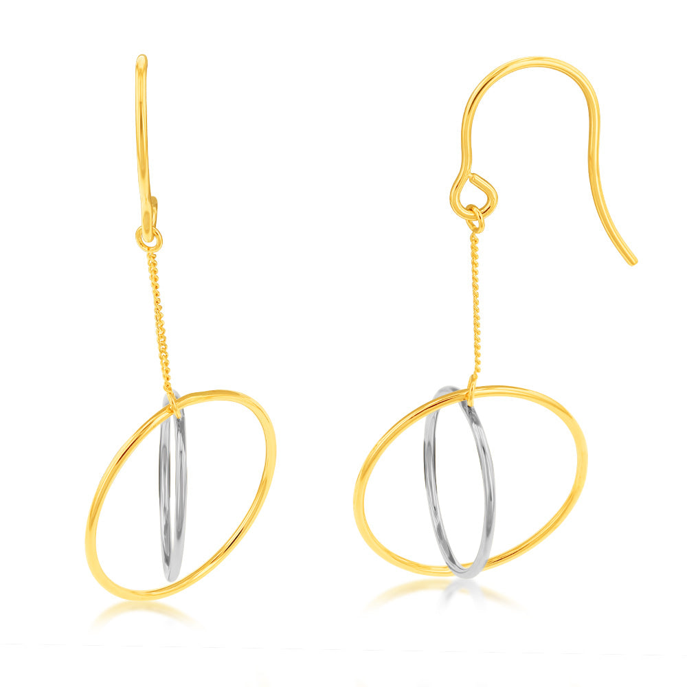 9ct Yellow and White Abstract Circle Drop Earrings - Elegant Dangle Jewelry for Women - Perfect for Parties, Weddings & Everyday Wear