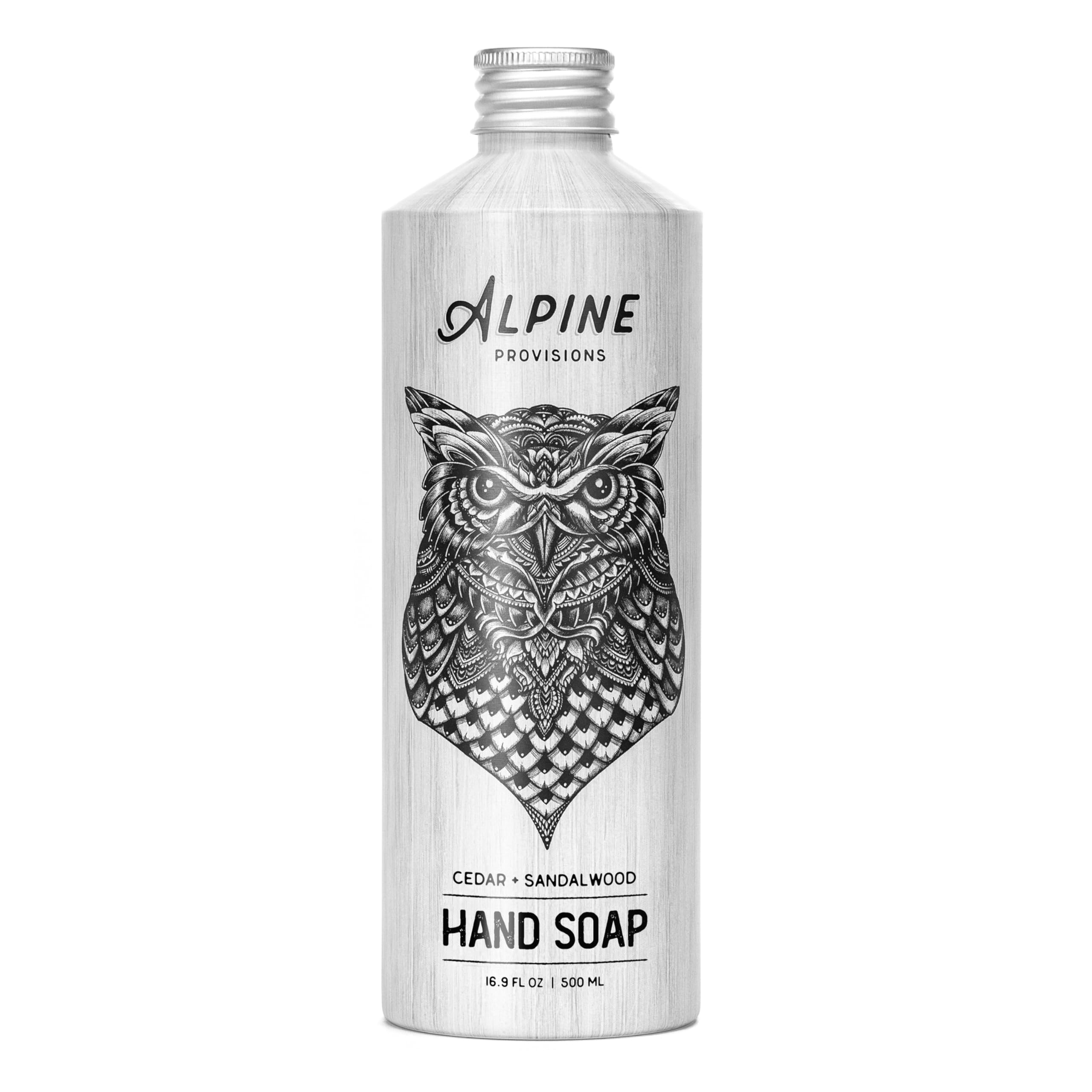 Alpine Provisions Cedar & Sandalwood Hand Soap - 16.9 fl oz Plant-Based Vegan Soap with Essential Oils, Coconut Oil & Aloe Vera - Sulfate-Free, Organic Fragrance for Gentle Cleansing & Moisturizing - Perfect for Bathroom, Kitchen & Guest Washrooms
