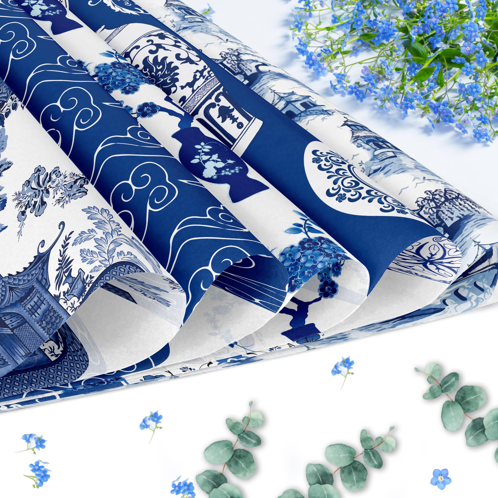 Bolsome 12 Sheets 27x20 Inch Blue White Peony Porcelain Chinoiserie Wrapping Paper - Oriental Aesthetic Gift Wrap for Birthday, Wedding, Bridal Shower, DIY Crafts | Perfect for Gift Packaging, Scrapbooking, and Home Decor