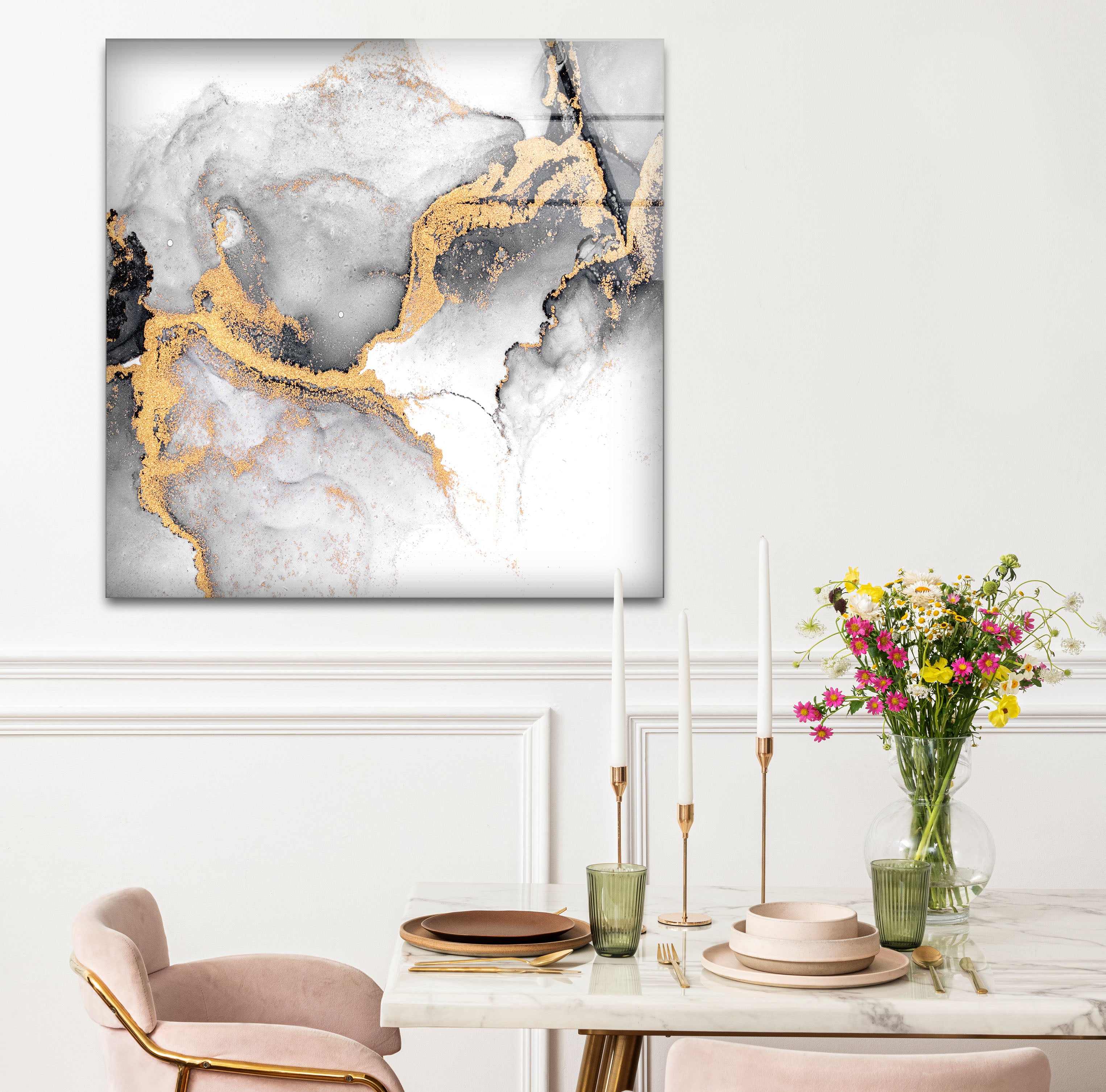 Black White and Gold Abstract Wall Art - Minimalist Glass Print for Modern Home & Office Decor | Perfect for Living Room, Bedroom & Office Spaces