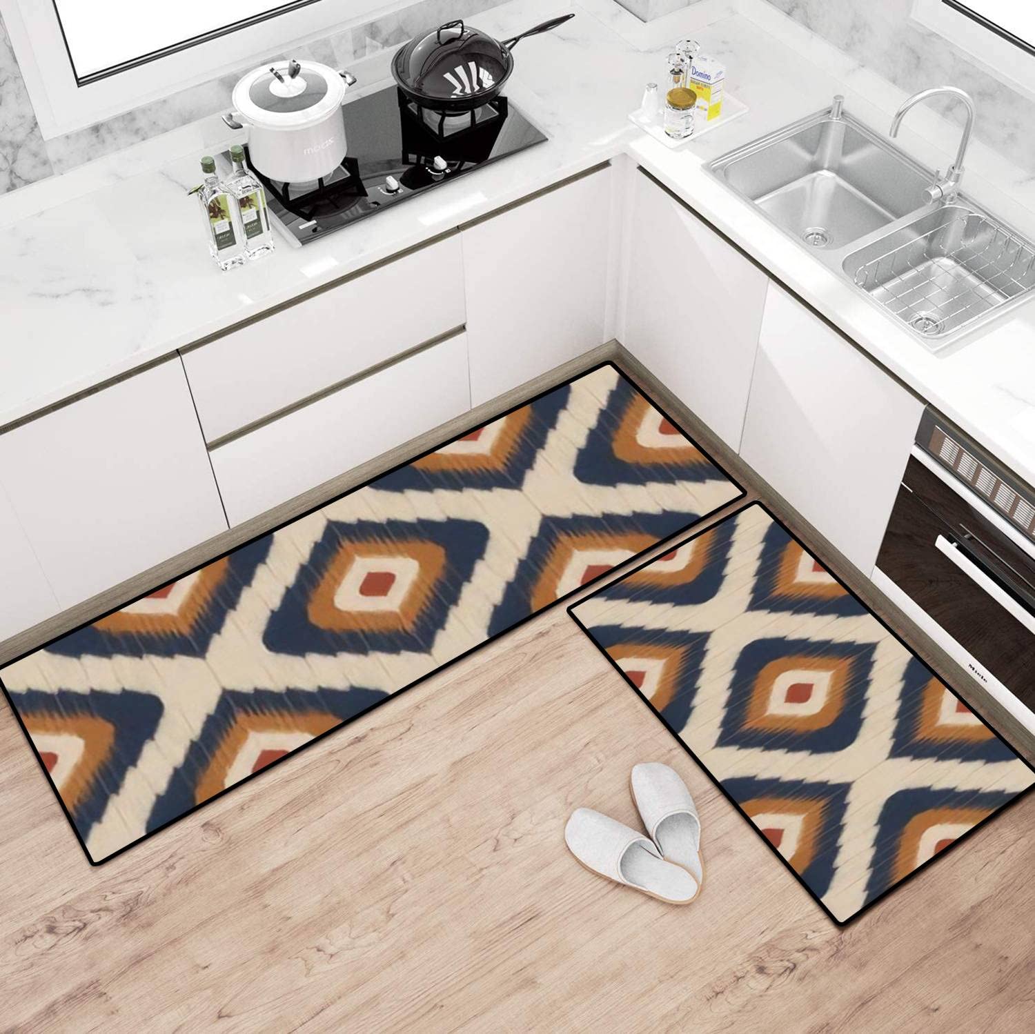 Non-Slip Washable Kitchen Rugs Set - Ikat Tribal Oriental Ethnic Design Seamless Floor Mat, Mexican Striped Runner for Kitchen, Bathroom & Entryway - Comfort Standing Mats for Home Decor & Safety