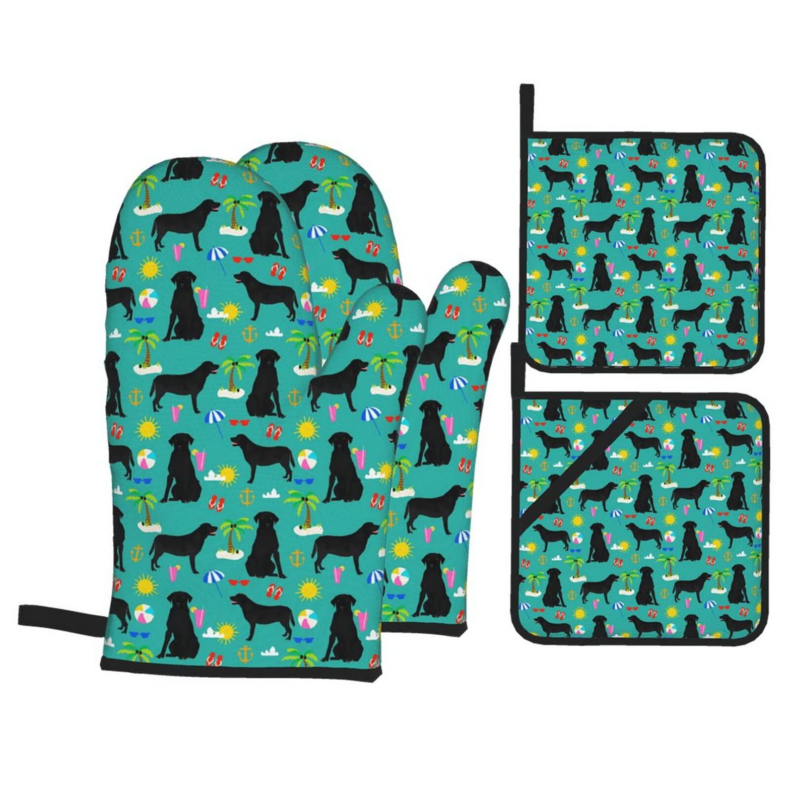 Black Labrador Retriever Themed Heat Resistant Oven Mitts & Pot Holders Set of 4 - Summer Beach Dog Breed Kitchen Accessories for Baking, Cooking & Grilling - Perfect for Dog Lovers & Beach-Themed Kitchens