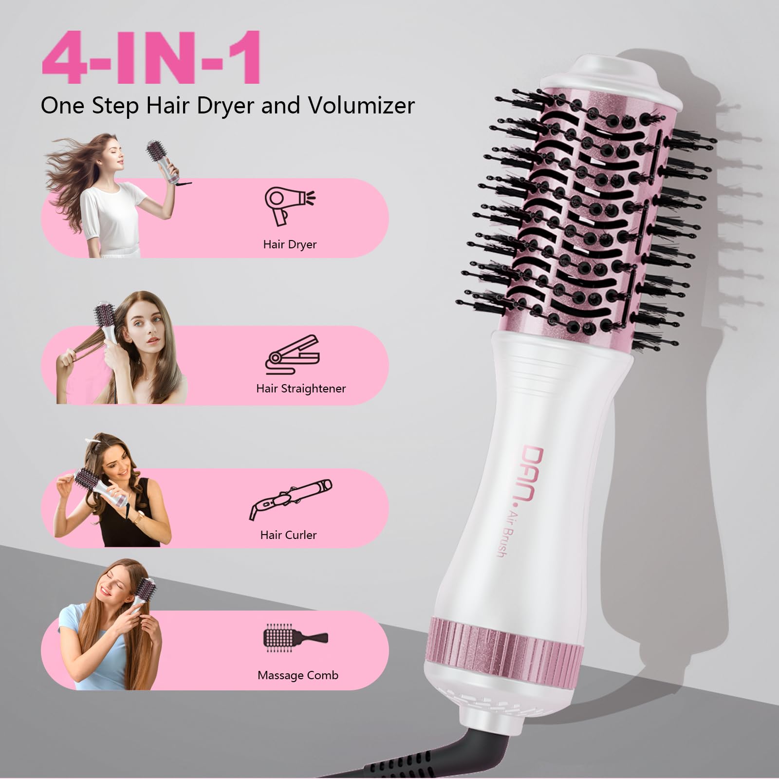 Dual Voltage Hair Dryer Brush for Travel - 4 in 1 Blow Dryer & Styler Volumizer (110V-120V/220V-240V) - Compact Hair Styling Tool for Home & Salon Use