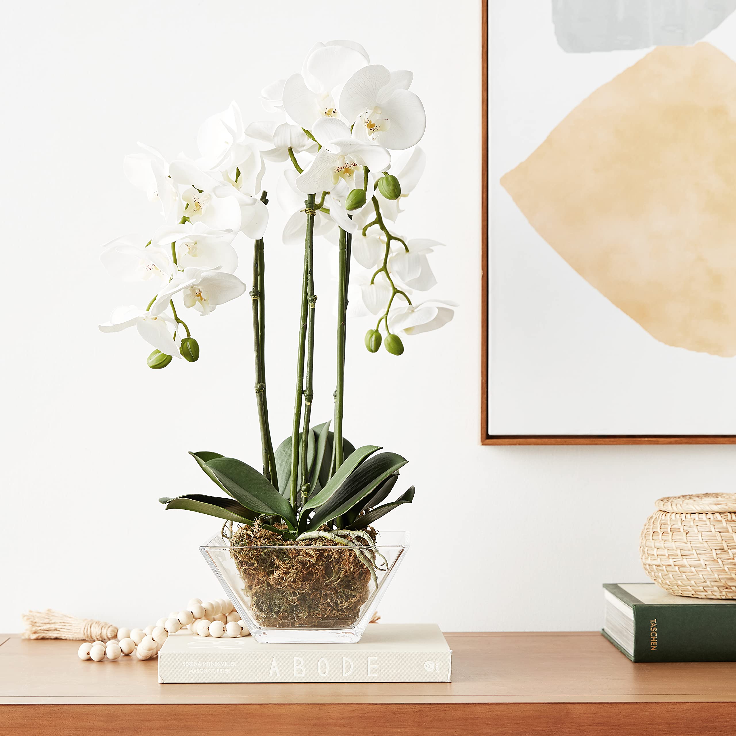 Nearly Natural 4570 Triple Phalaenopsis Orchid in Glass Vase - Green & White Silk Flowers for Home Decor, Office, Wedding Centerpiece, and Gift Ideas