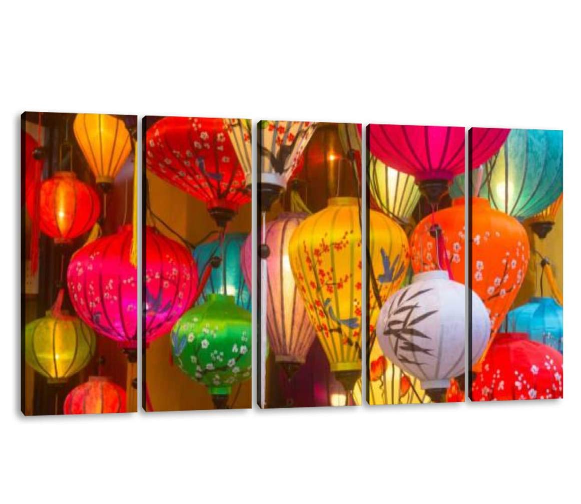 KiiAmy 5-Panel Asian Wall Art Decor - Vietnamese Silk Lantern Canvas Print, Hoi An Inspired Chinoiserie Artwork, Modern Framed Painting for Living Room, Bedroom or Office (60x32 Inches, Ready to Hang) - Perfect for Home Decor, Wedding Gift & Cultural Interior Design