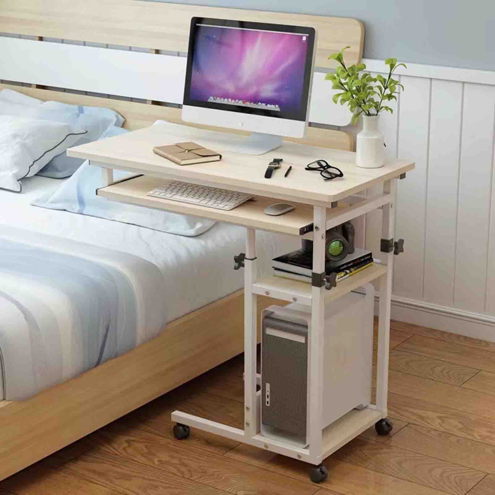 Adjustable Overbed Table with Wheels - Portable Mobile Bedside Table, Manual Height Lift Desk for Keyboard, Laptop & Meals - Ideal for Hospital, Medical & Home Use