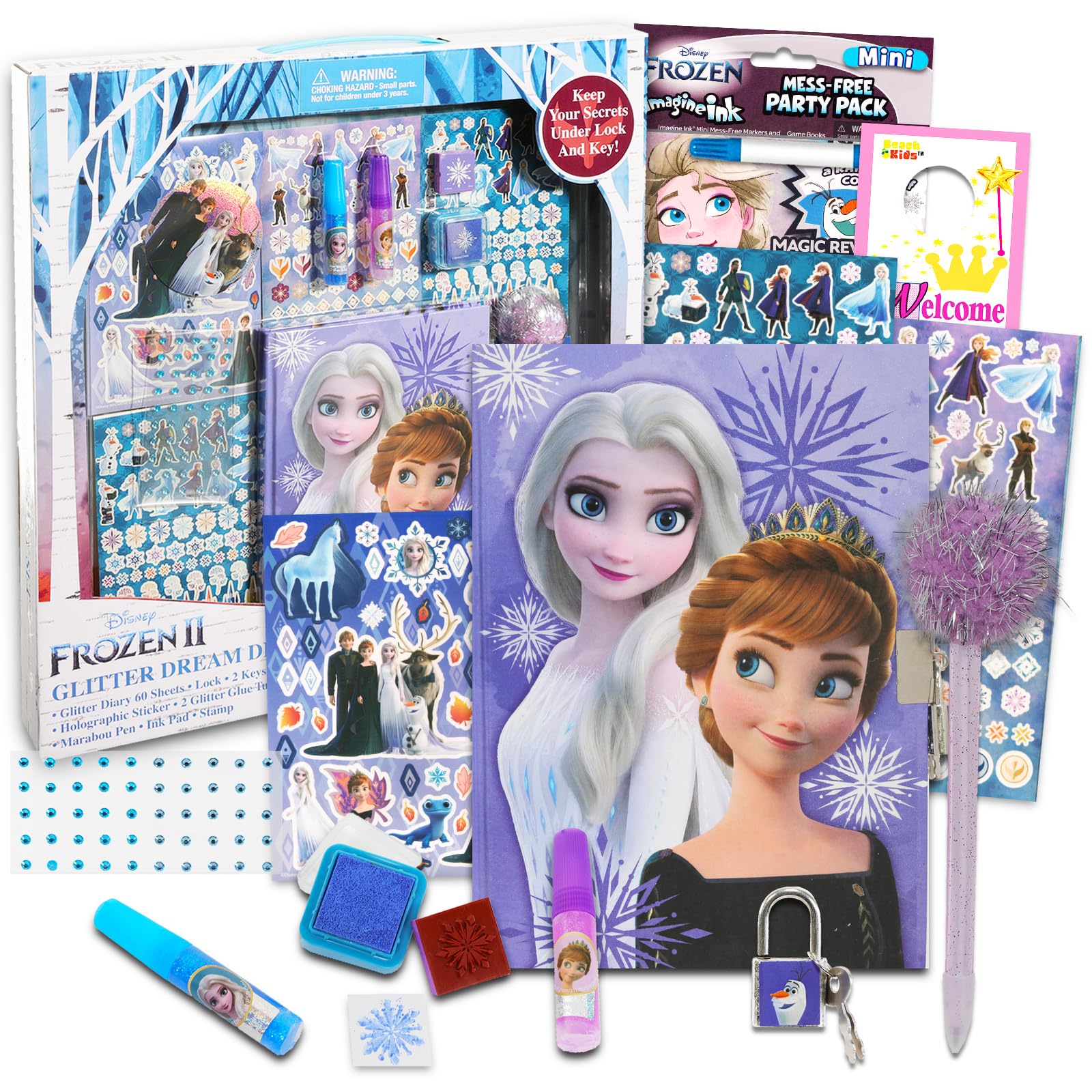 Disney Frozen Glittery Diary Set with Anna & Elsa Art Kit - Kids Journaling Activity Bundle with Imagine Ink | Perfect for Birthday Gifts, Creative Play & Disney Themed Party Favors
