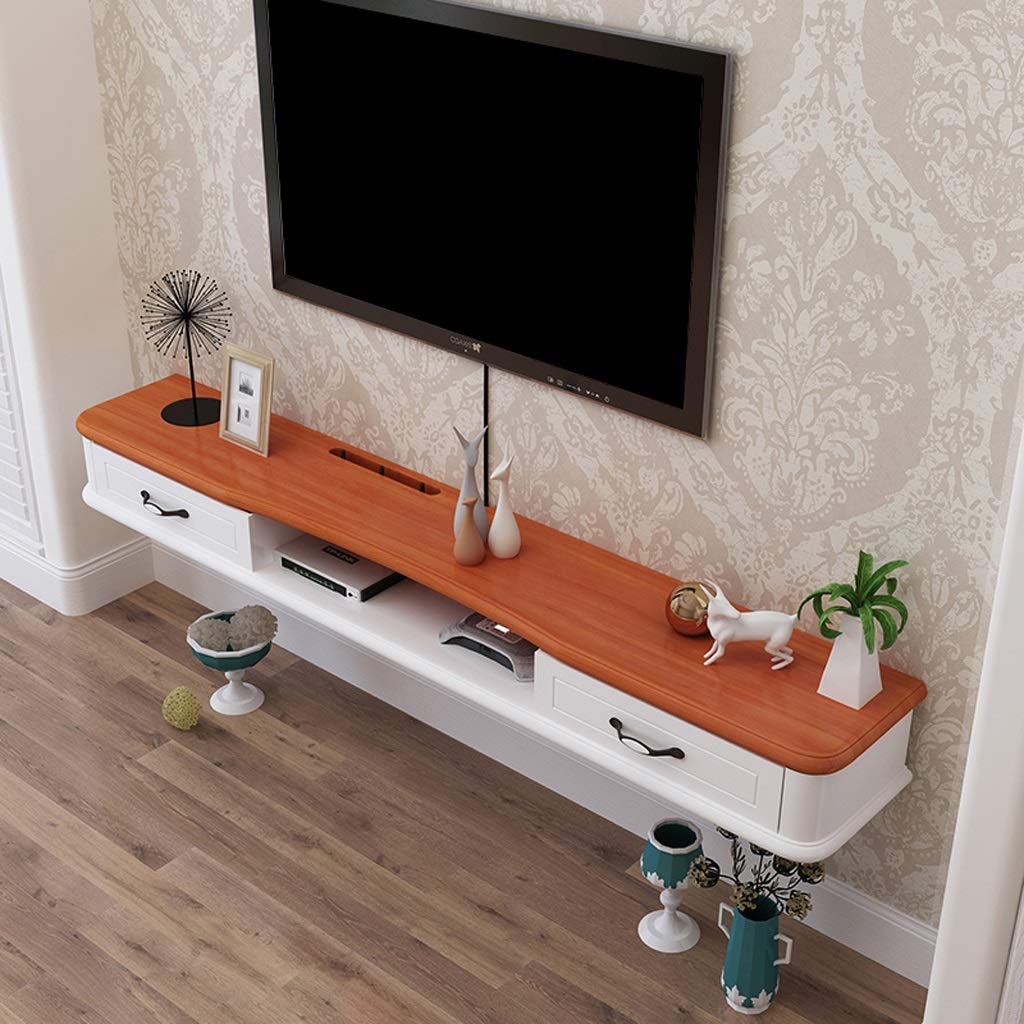 Brown Solid Wood Floating TV Shelf with Drawer - Wall Mounted Storage Cabinet for Router, Set Top Box, Toys & Photo Display - Perfect for Living Room, Bedroom & Home Office Organization