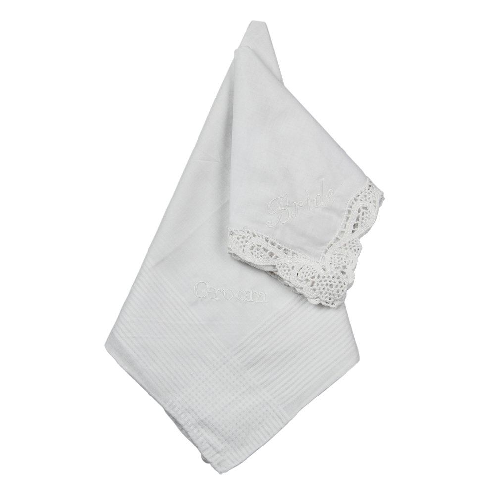 Set of 2 Embroidered Wedding Hankies for Bride & Groom - Elegant White Linen Handkerchiefs - Perfect for Wedding Ceremony, Vow Exchange & Keepsake Gift