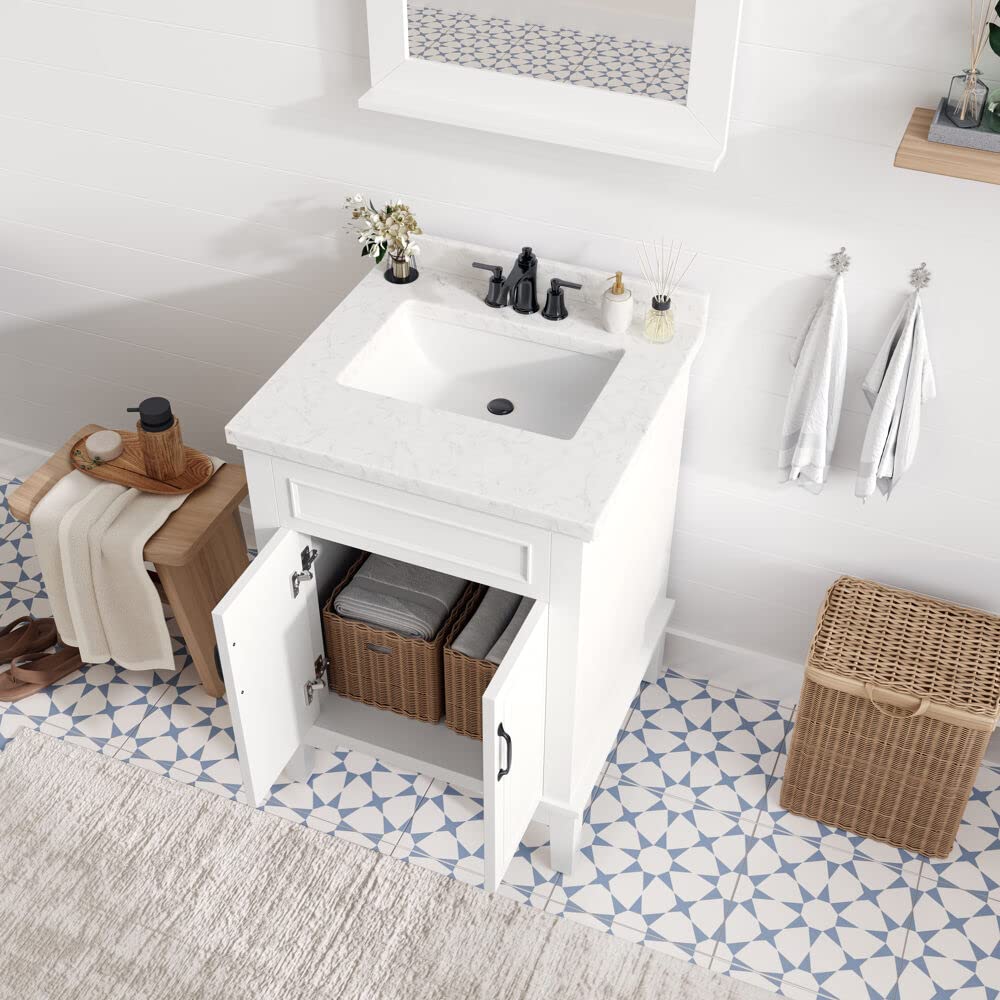 Hanover Lanesboro 24'' White Bathroom Vanity Set with Sink, Mirror & Stone Countertop - Pre-Assembled 2-Door Cabinet for Powder Room or Master Bath | HANVN0105-24-0WH | Perfect for Small Bathrooms & Guest Suites