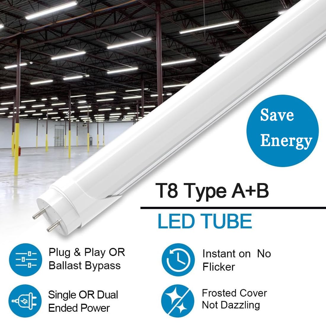 CNSUNWAY 4FT LED Tube Light T8 6000K Daylight White - 2400LM Super Bright, Type A+B Plug & Play or Ballast Bypass, Frosted Cover (10-Pack) - Perfect for Office, Warehouse & Garage Lighting