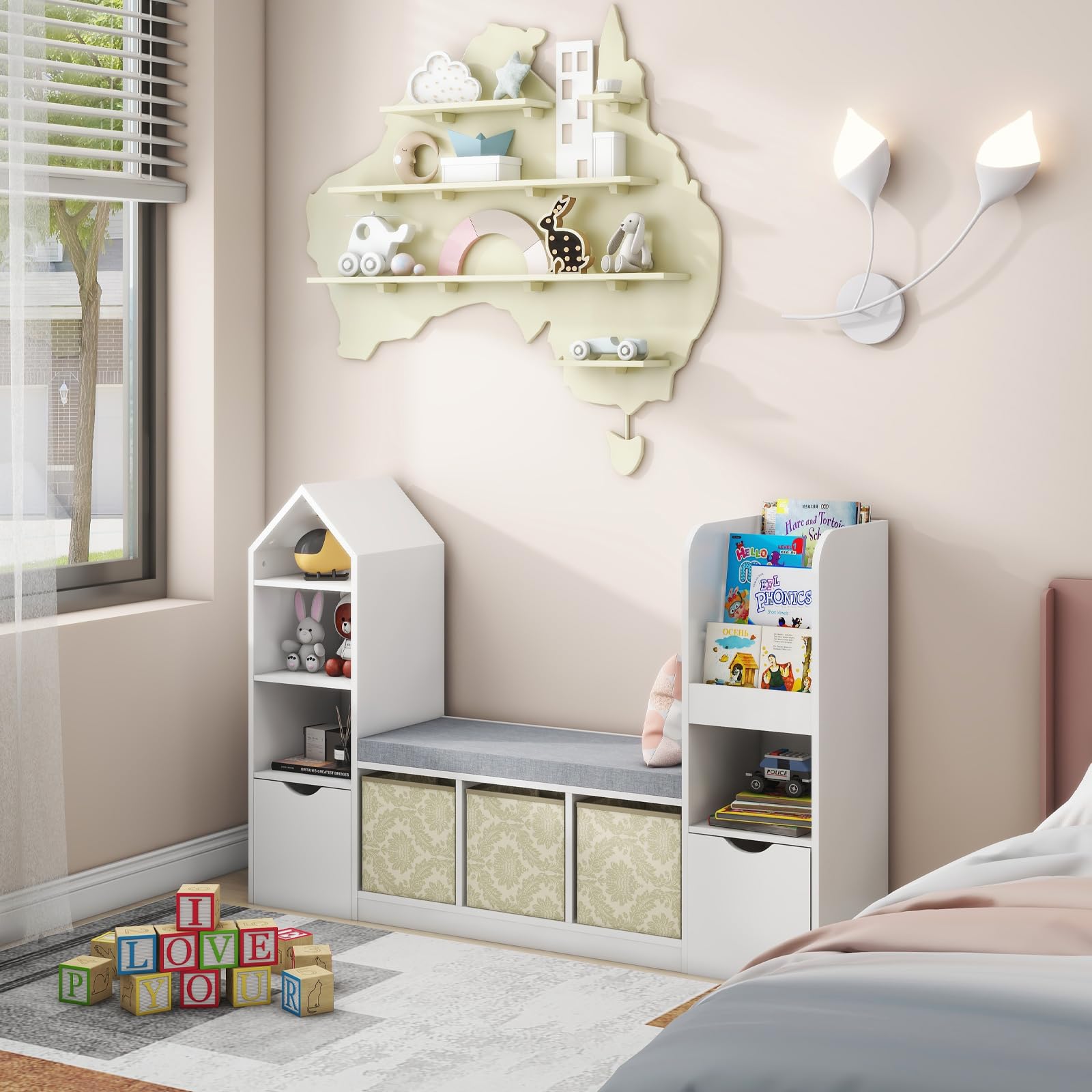 Multifunctional Kids Bookcase with Reading Nook - 7 Storage Cubbies & 2 Movable Drawers - Toy Organizer with Seat Cushion for Children's Bedroom & Playroom - Perfect for Storytime, Reading Corner & Toy Storage