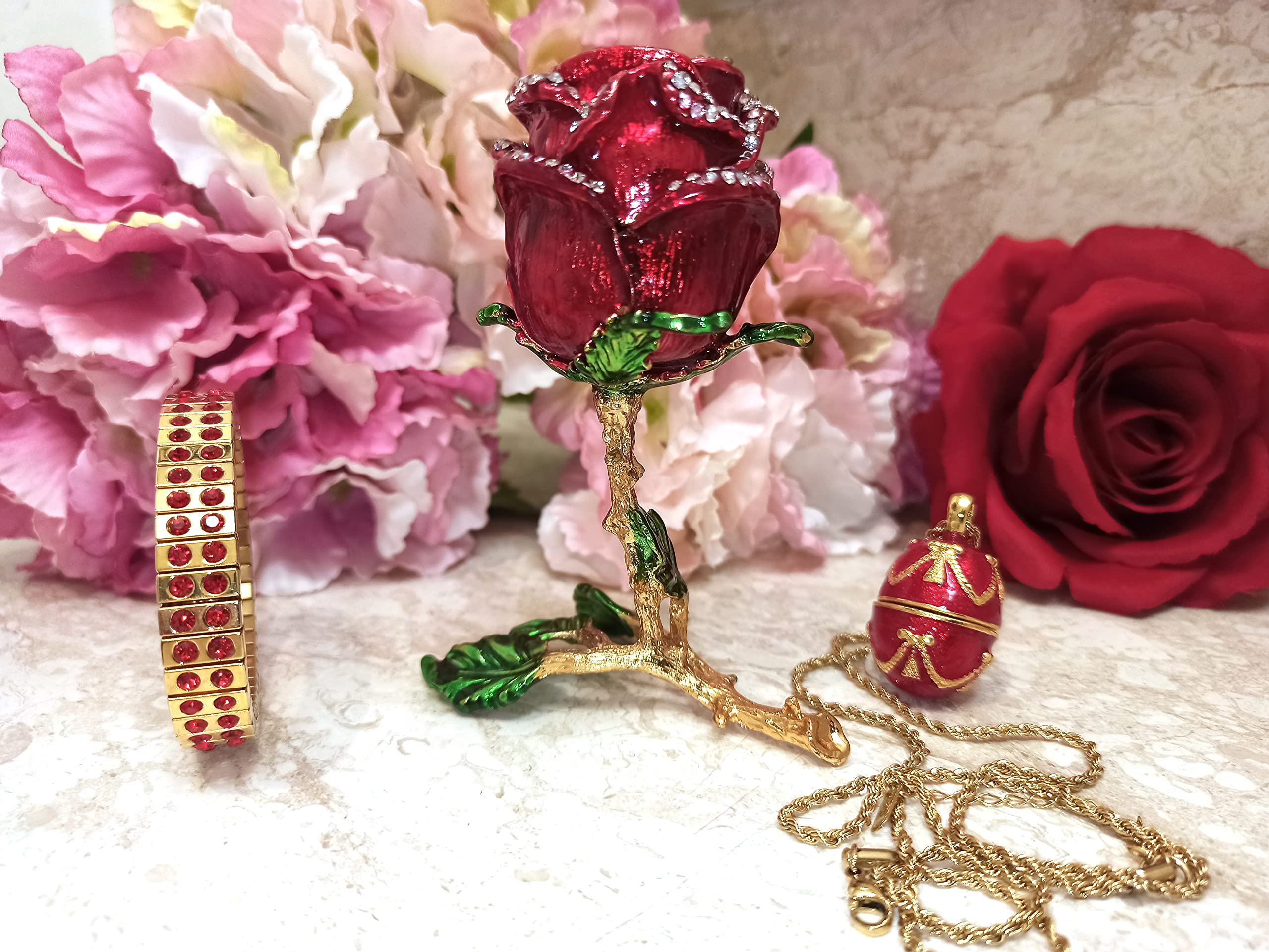 7ct Designer Luxurious Women's Jewelry Set - Fabergé Egg Rose Gold Ring Box, 5ct Handmade Necklace & 24k Gold 2ct Ruby Bracelet - Perfect Christmas Gift, Proposal, Anniversary & Valentine's Day Present for Her