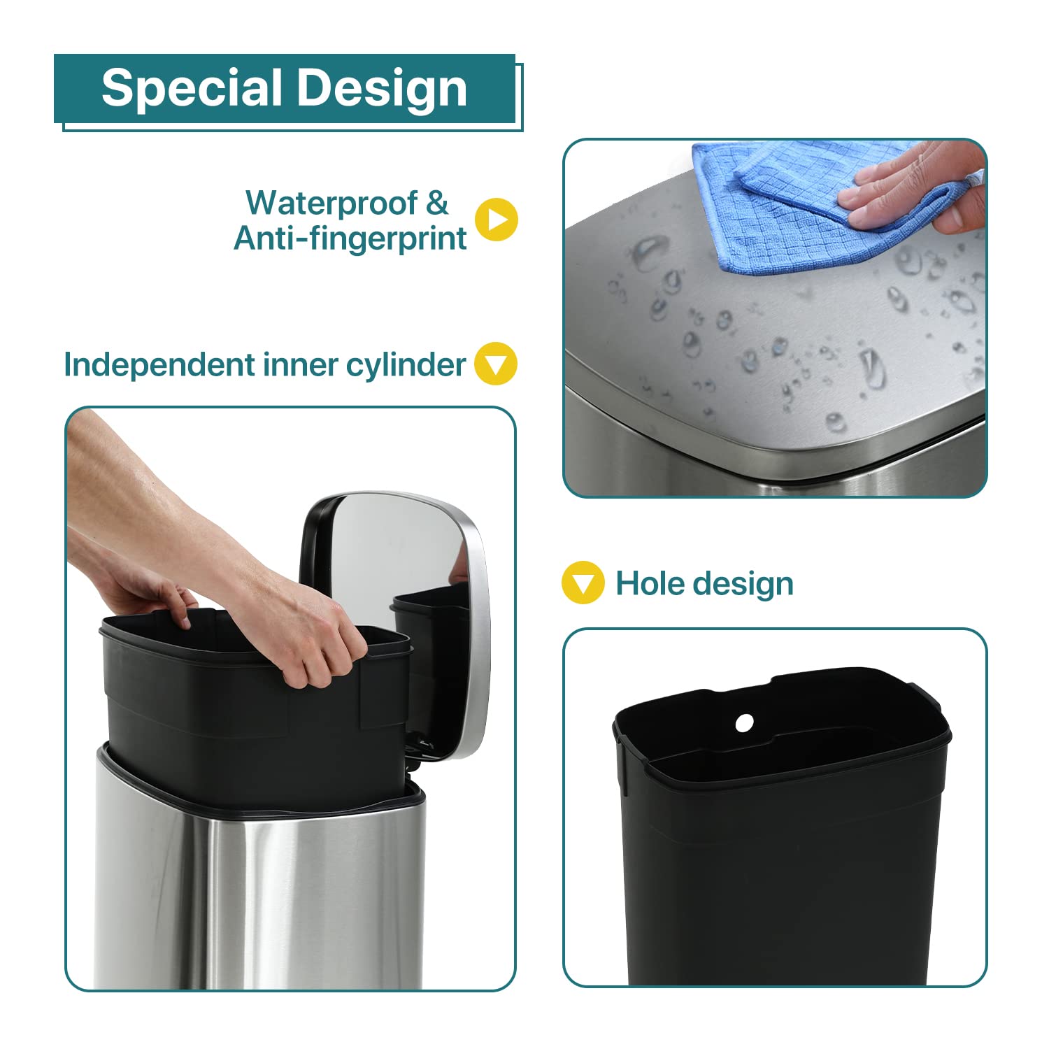 13 Gallon Stainless Steel Step Trash Can with Lid - 50L High Capacity Kitchen Garbage Bin for Home, Office, Bathroom & Bedroom - Removable Inner Bucket for Easy Cleaning - Perfect for Recycling & Waste Separation