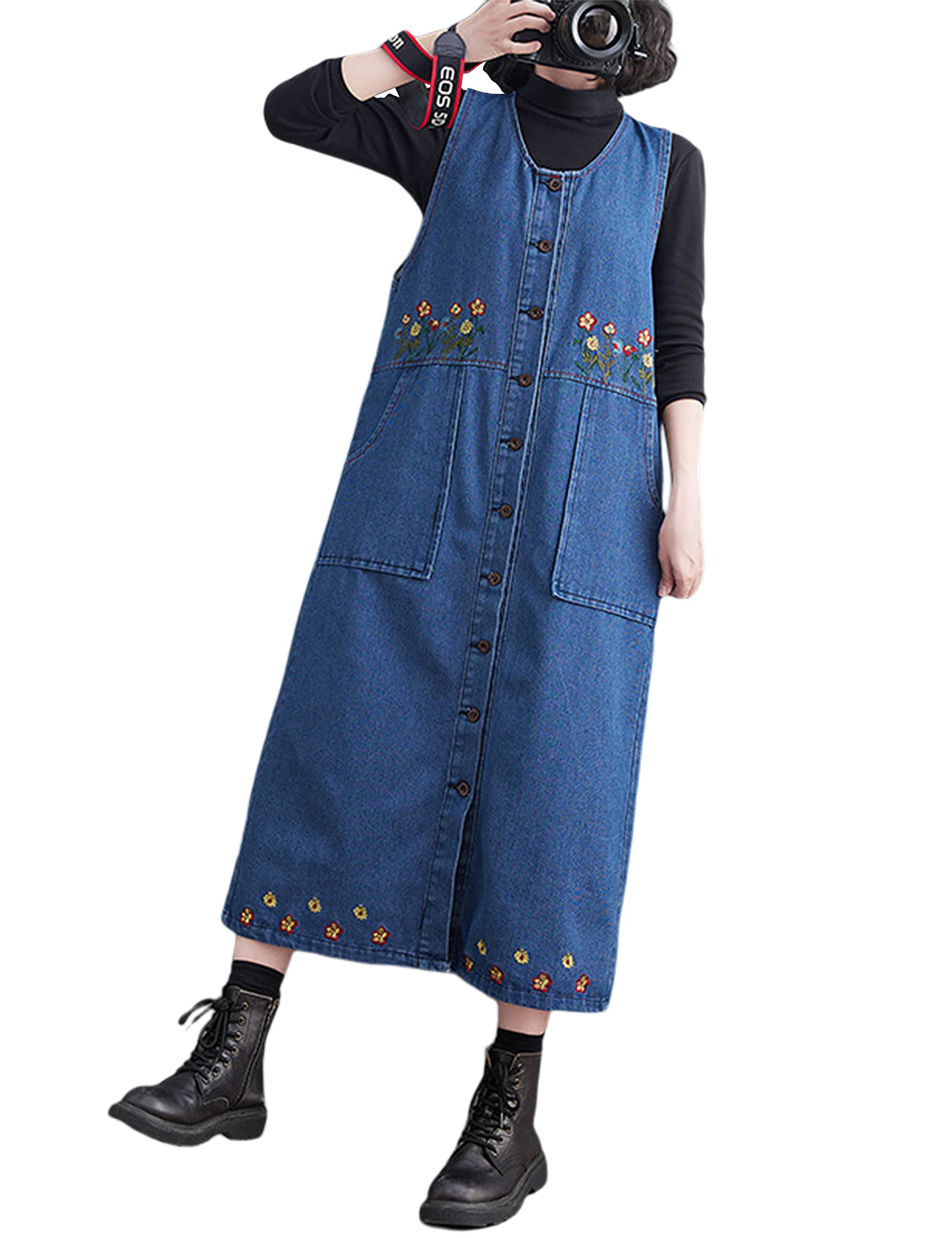 Yeokou Women's Floral Denim Overalls - Baggy Pinafore Dress with Midi Length for Casual Outfits & Spring Fashion | Perfect for Streetwear, Music Festivals & Everyday Wear