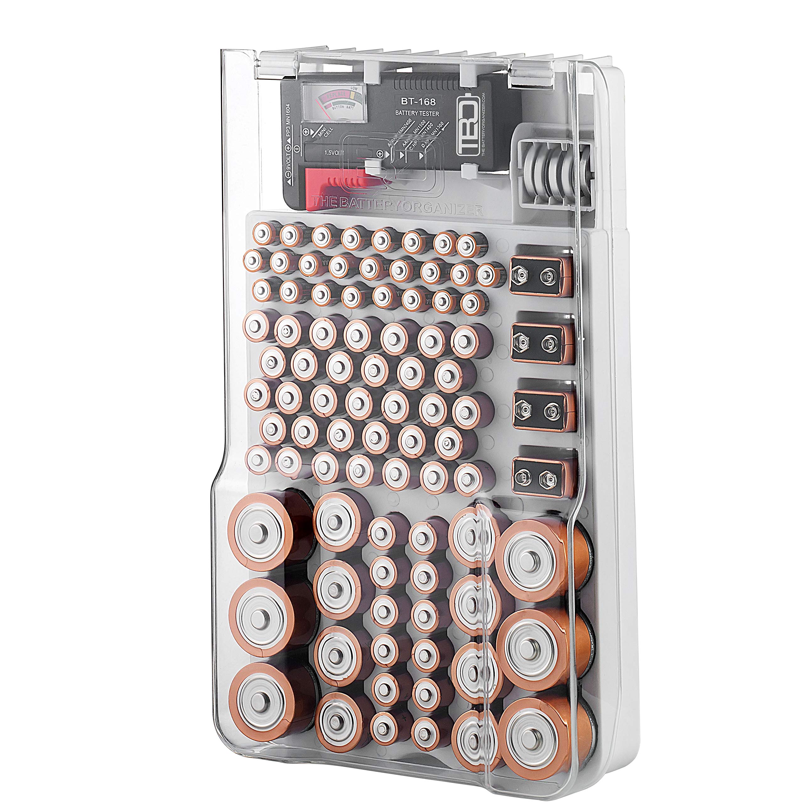 Bell+Howell Battery Organizer Storage Case - Hinged Clear Cover & Removable Tester Holds 93 AA AAA C D 9V Batteries - Perfect for Home Office Travel Emergency Kits