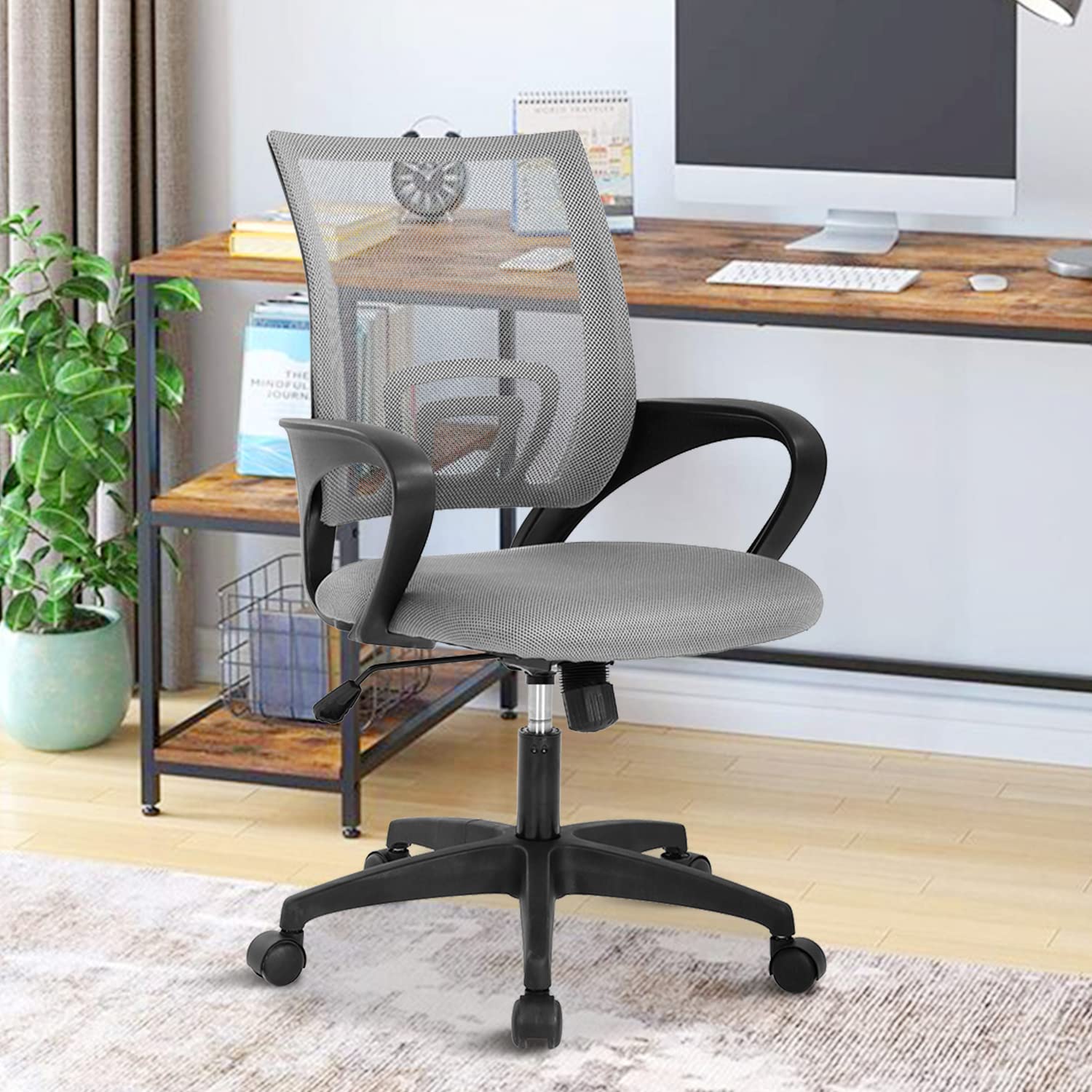 Ergonomic Mesh Office Chair with Adjustable Lumbar Support & Armrests - Breathable Mid Back Computer Desk Chair for Home Office - Grey - Perfect for Long Work Hours & Gaming Sessions