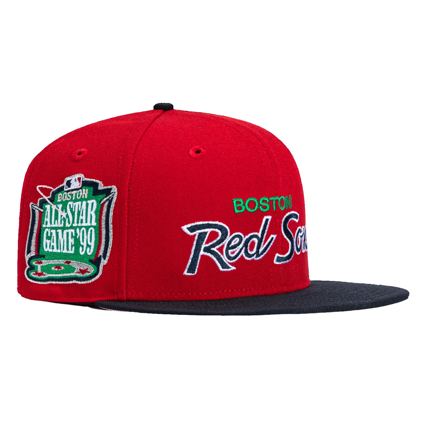New Era 59Fifty Boston Red Sox 1999 All-Star Game Patch Script Fitted Baseball Cap - Red & Navy Blue | MLB Fan Gear for Baseball Games & Sports Collectibles