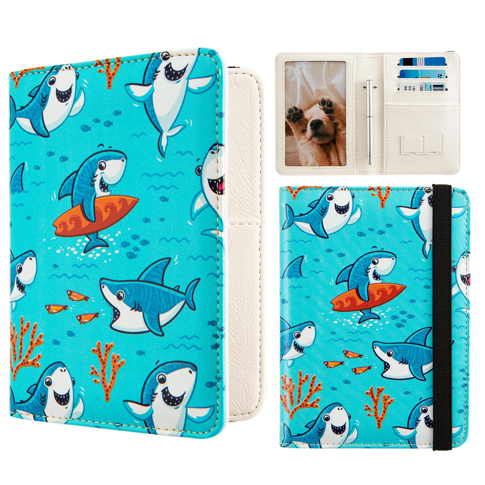 Premium Leather RFID Blocking Passport Holder - Travel Document Organizer & Protector for Women & Men (Cute Shark Design) | Perfect for International Travel, Business Trips & Vacation Security