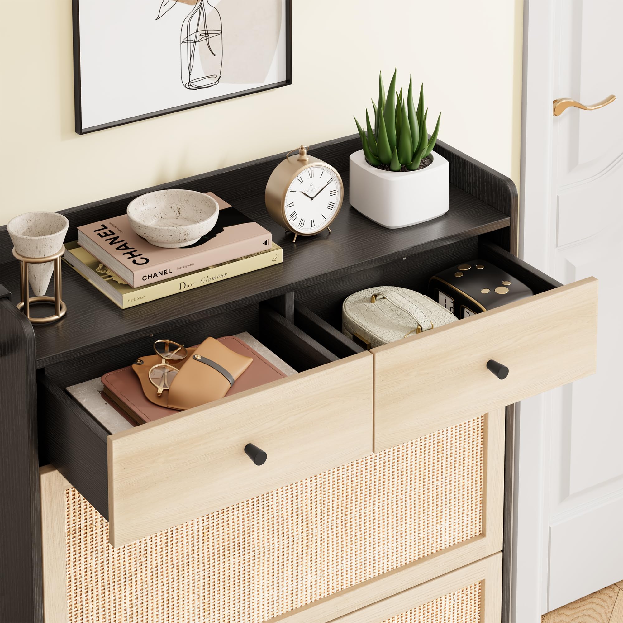 Rattan Shoe Cabinet with 2 Flip Drawers & 2 Storage Drawers - Freestanding Narrow Wooden Shoe Organizer with Metal Legs for Entryway, Hallway, Living Room - Light Black Finish - Perfect for Small Spaces & Home Organization