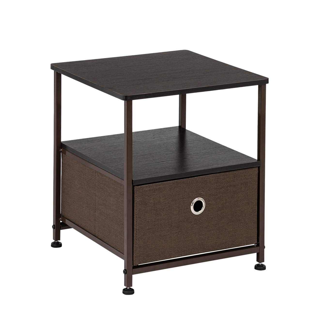 1-Drawer Nightstand with Shelf Storage - Modern Bedside Table with Steel Frame & Wood Top, Easy Pull Fabric Bins - Brown Accent End Table for Bedroom, Living Room & Office Organization