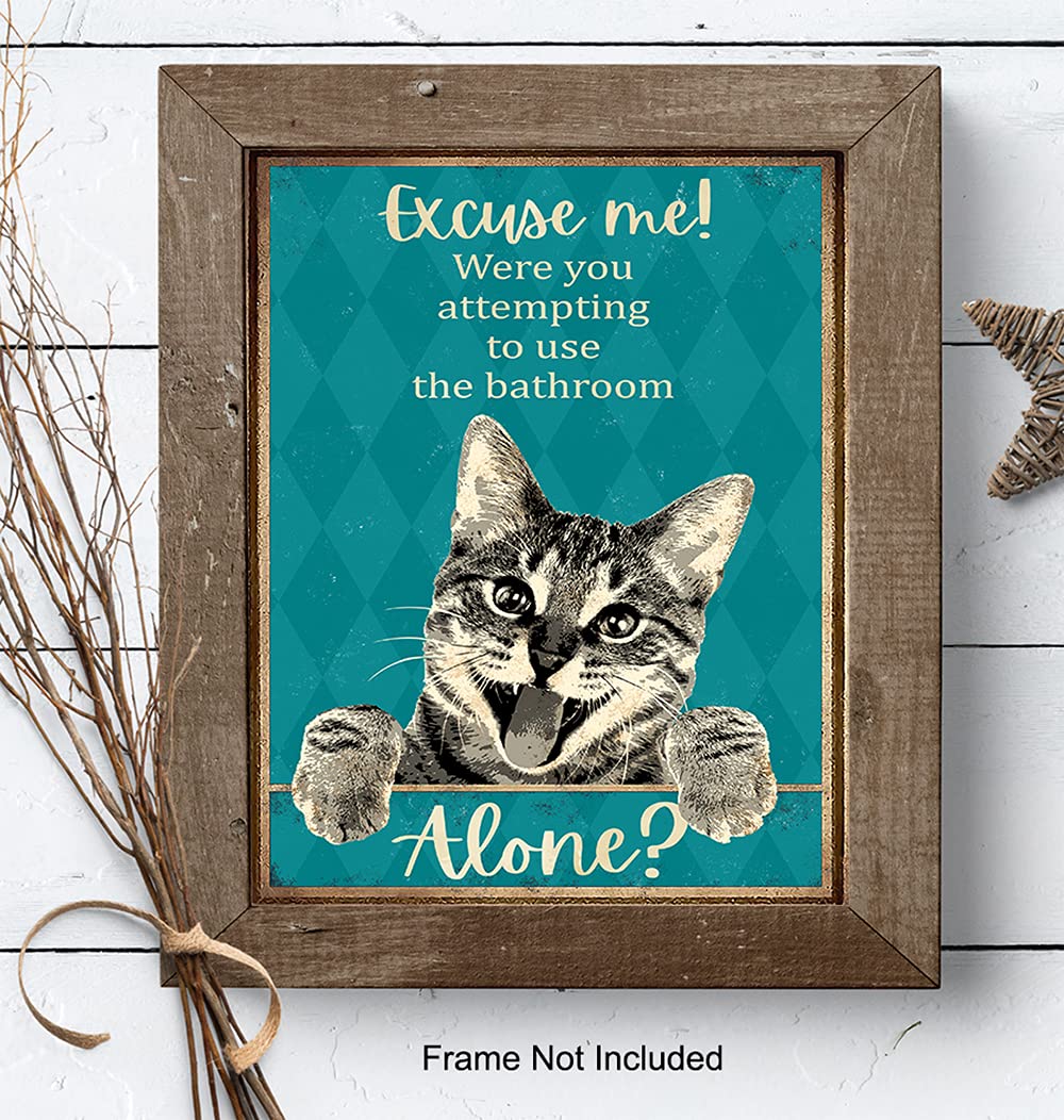 Funny Tabby Cat Bathroom Wall Decor - Blue Restroom Sign for Guest Bathroom & Powder Room - Unique Cat Lovers Gift for Women & Girls - Perfect for Home, Office, or Cafe Decor