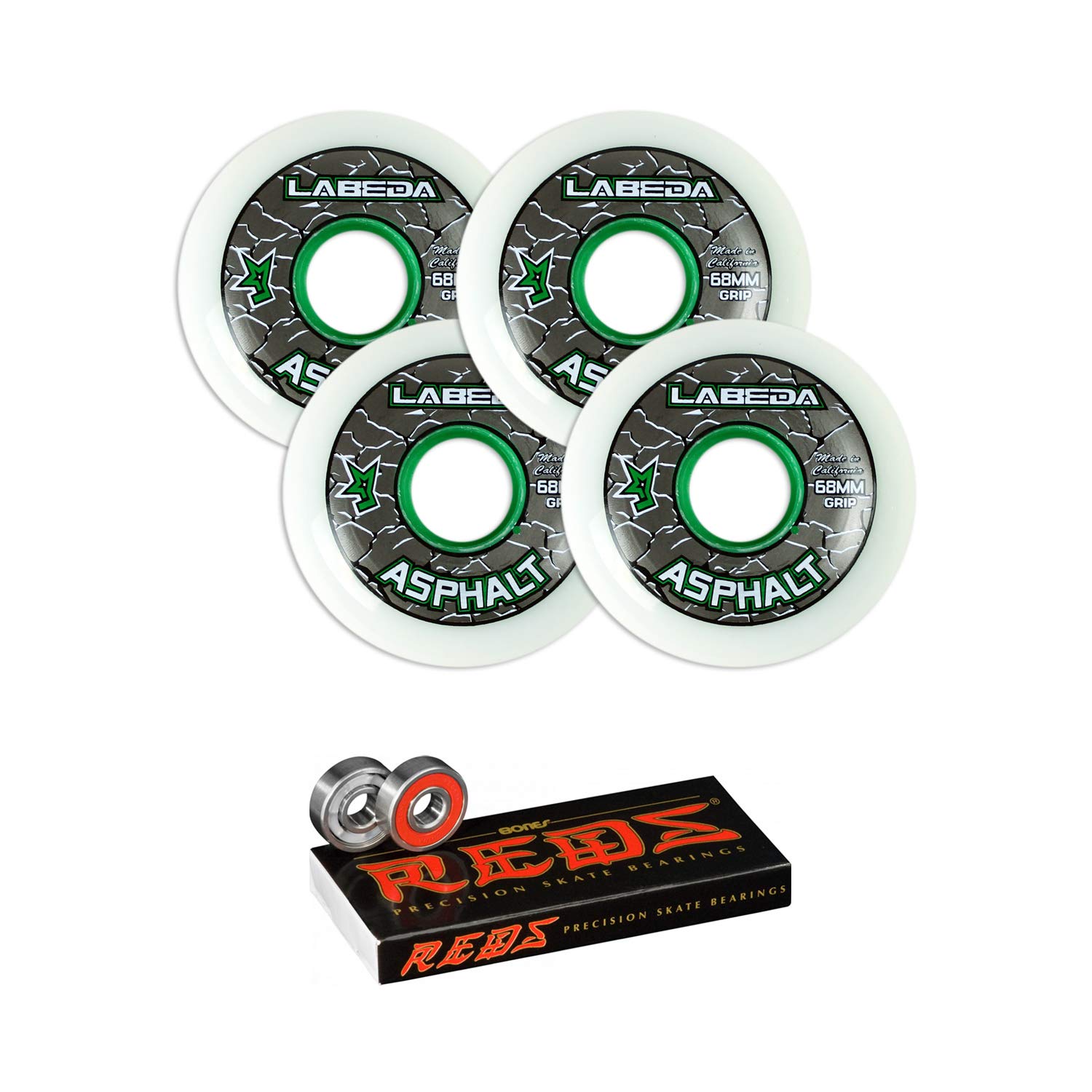 Labeda Asphalt Inline Roller Hockey Wheels 68mm White 83A 4-Pack with Bones Reds Bearings - Perfect for Outdoor Hockey, Street Skating & Aggressive Rollerblading