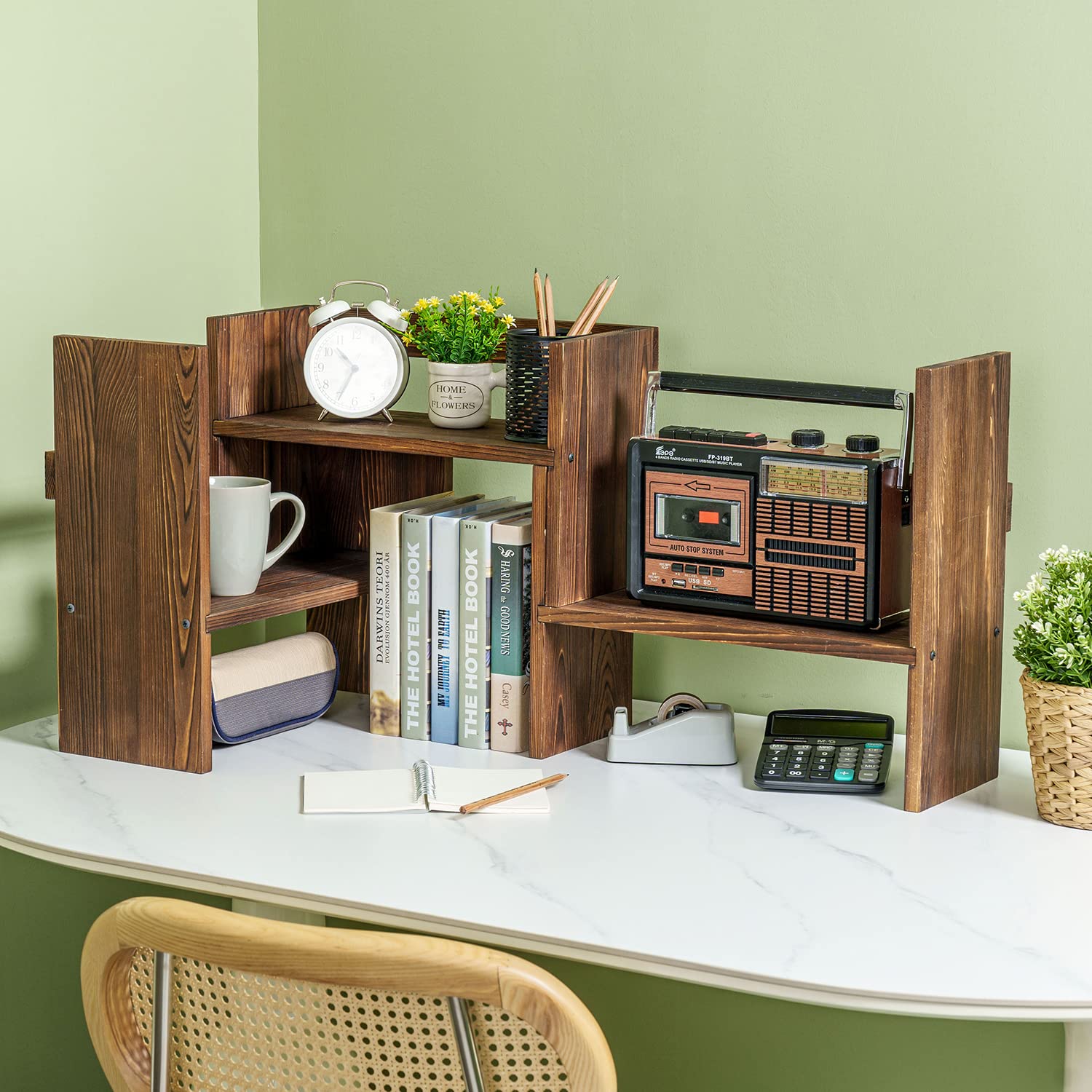 MyGift Adjustable Desktop Shelf - Rustic Solid Wood Stackable Bookshelf Organizer for Home & Office - Multi-Level Storage Rack for Books, Decor & Office Supplies - Perfect for Desk Organization & Space Saving