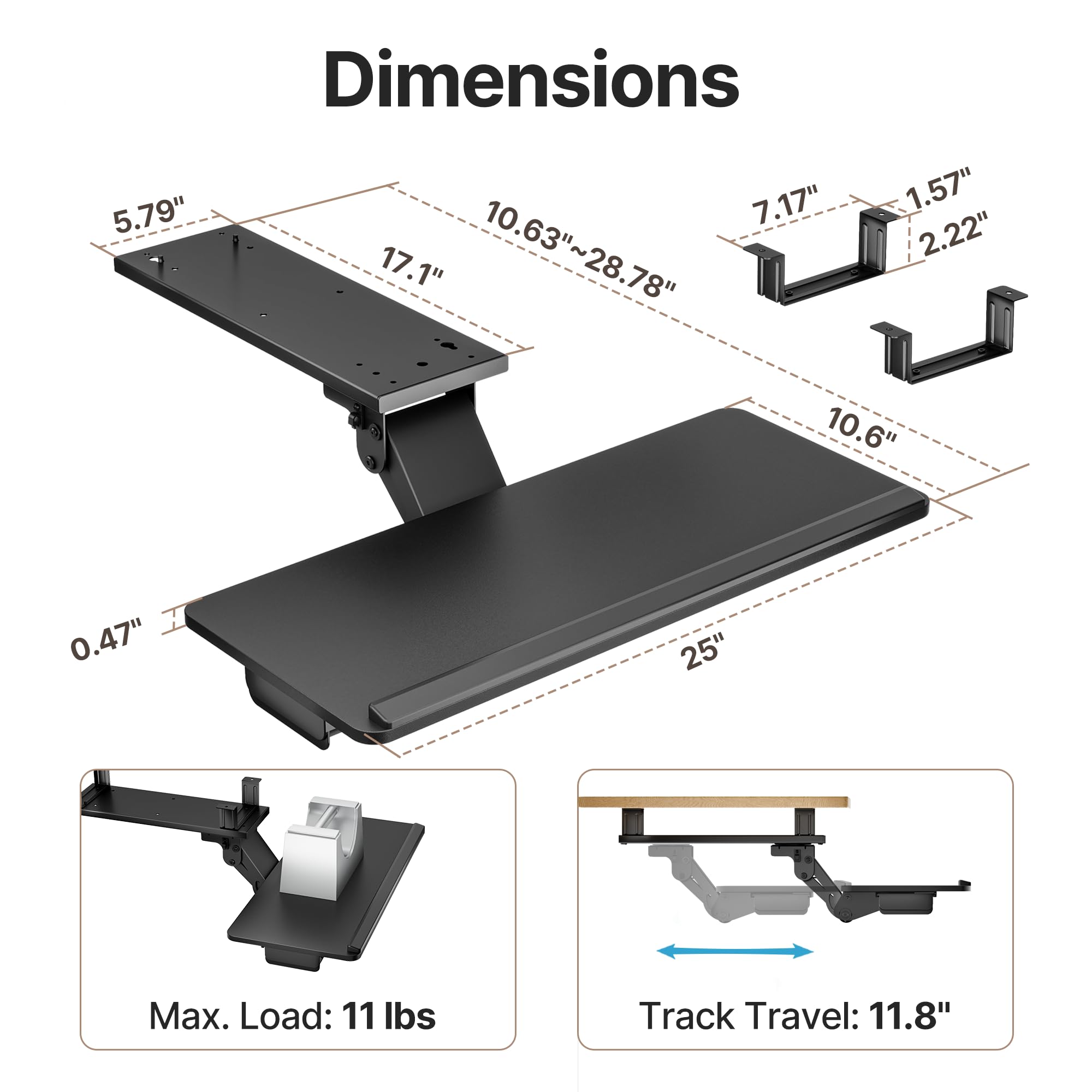 Ergonomic Under Desk Keyboard Tray with Storage Drawer - Height Adjustable, Slide Out Swivel Tilt Design - 25x11