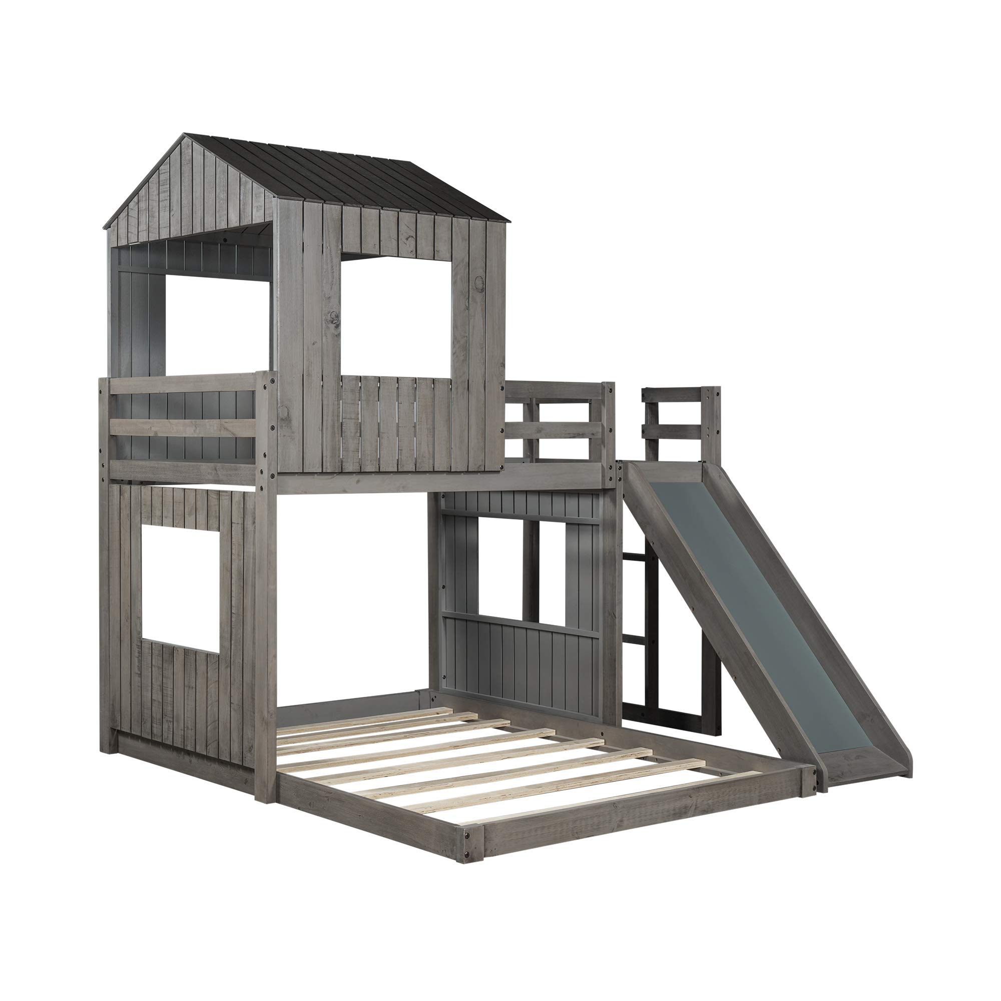 SOFTSEA Wooden Loft Bunk Bed Twin Over Full with Playhouse, Ladder, Slide & Safety Rails - Farmhouse Style Kids Bedroom Furniture (Antique Gray) - Perfect for Siblings Sharing Rooms, Daycare Centers & Vacation Homes