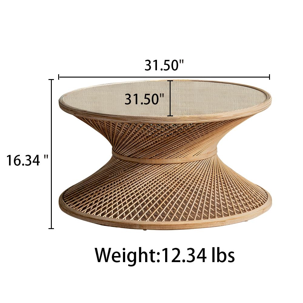 Round Rattan Coffee Table - Natural Woven Rattan End Table for Living Room, Patio, or Indoor Decor - Perfect for Coffee, Books, and Plants (Table Only)