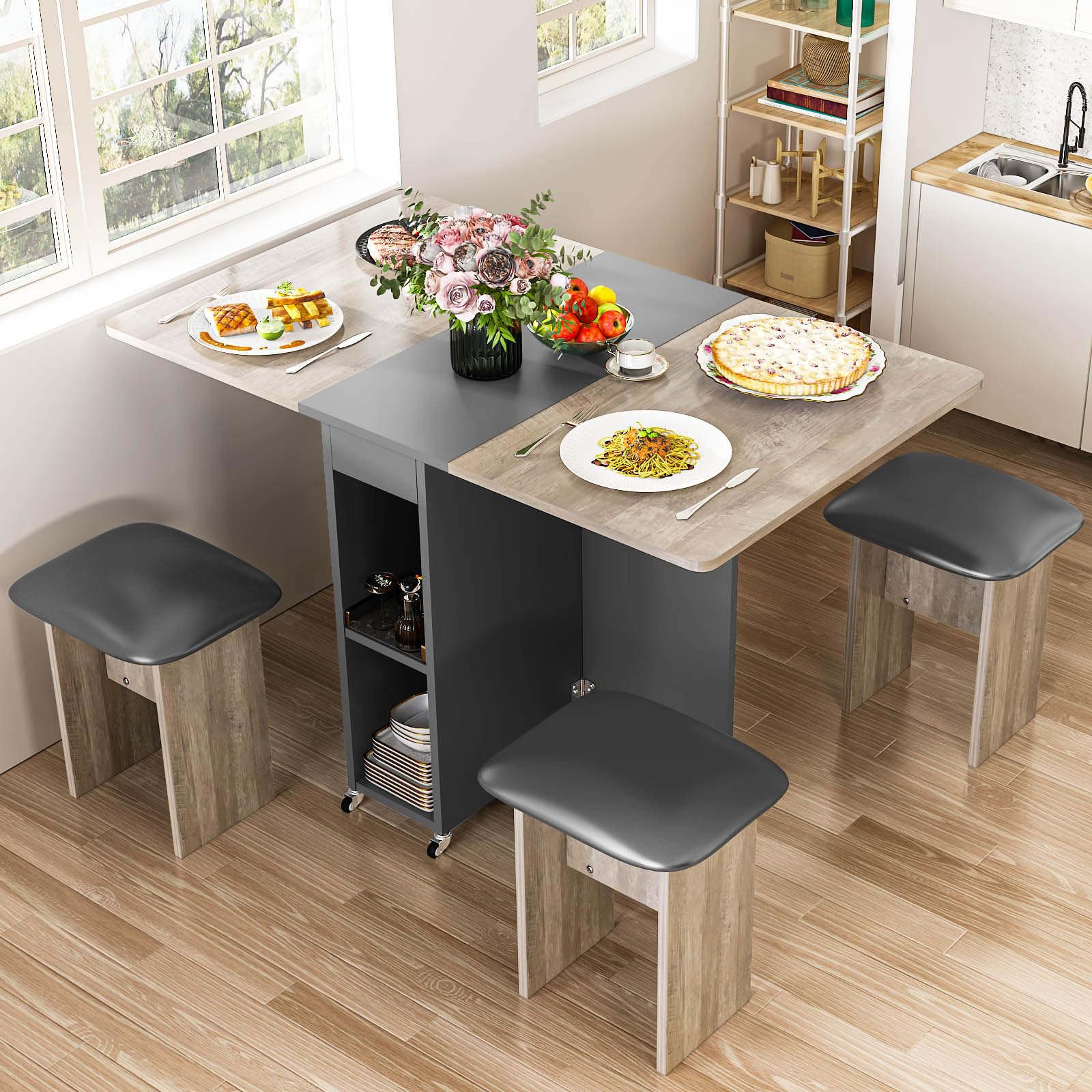 Space-Saving 4-Person Folding Dining Table Set with 4 Leather Chairs & Storage Shelves - Compact Foldable Kitchen Table with 6 Wheels for Small Apartments (Grey) | Perfect for Studio Living, Tiny Homes & Compact Dining Areas