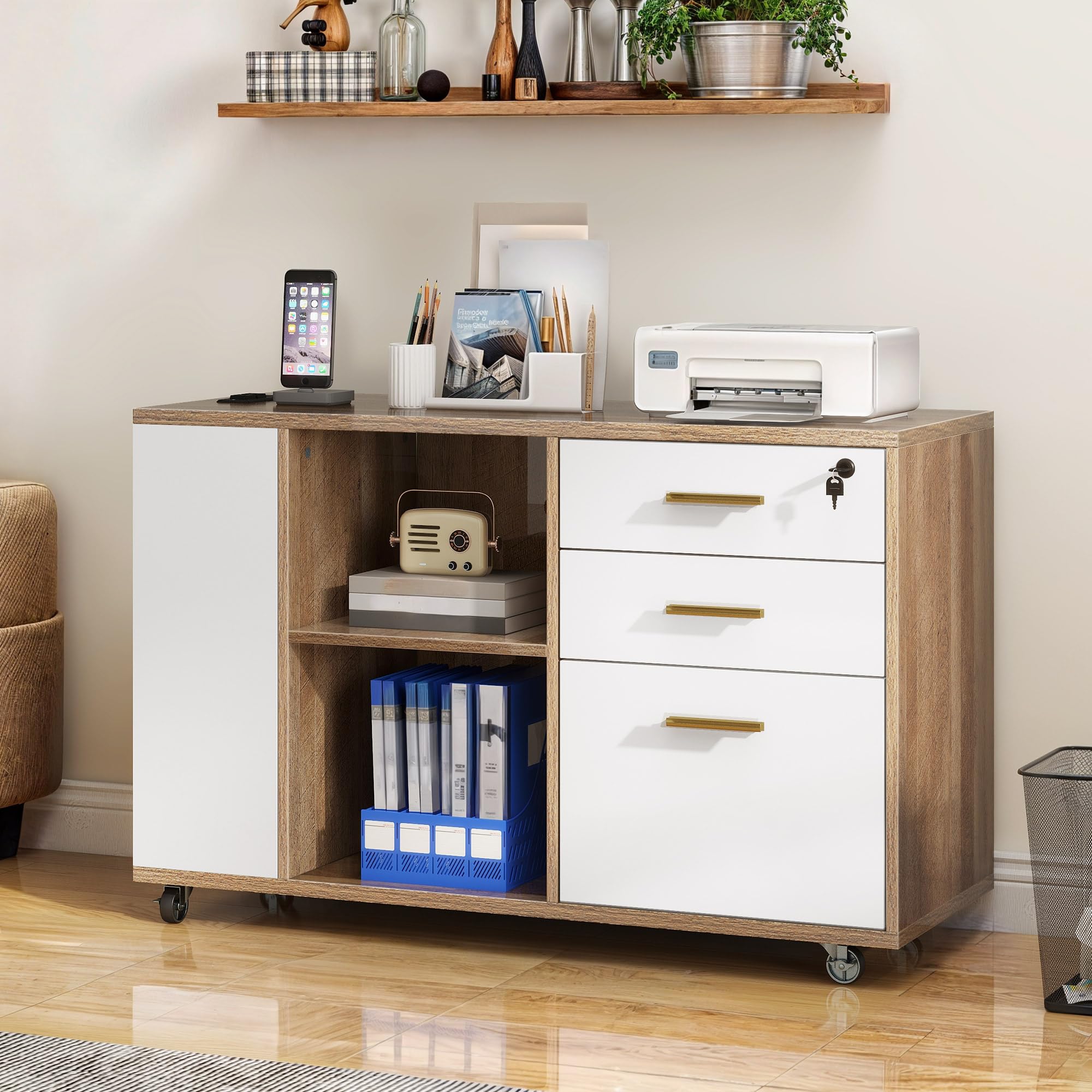 DWVO 3-Drawer File Cabinet with Lock - Mobile Office Storage Cabinet, Printer Stand with Charging Station - Grey Wash & White for Home Office Organization & Small Business Workspace