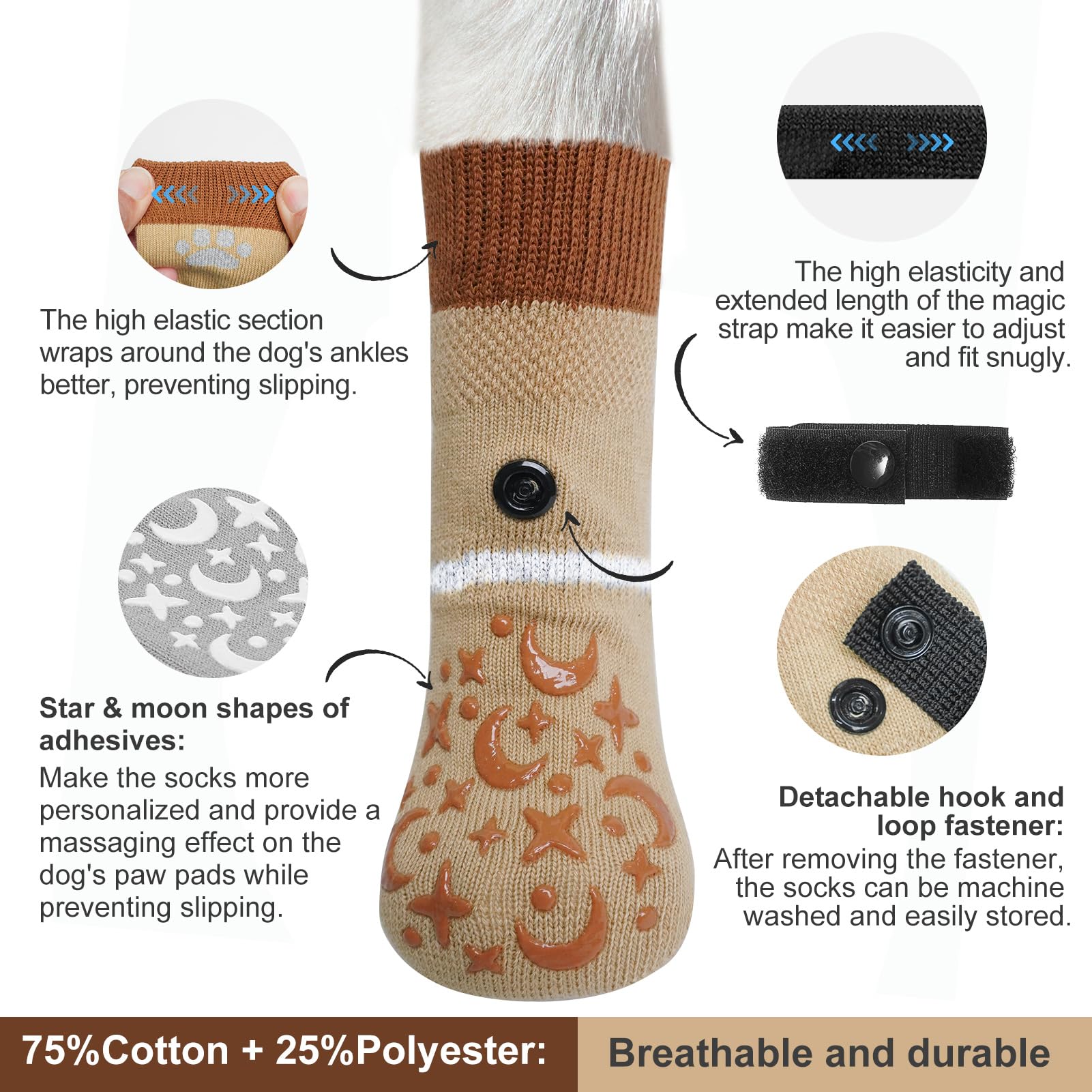 BEAUTYZOO Anti-Slip Dog Socks for Small Dogs - Winter Reflective Paw Protectors for Hardwood Floors, Senior Dogs & Cold Weather - Non-Licking Pet Booties (Khaki) - Perfect for Indoor Use, Outdoor Walks & Snowy Conditions